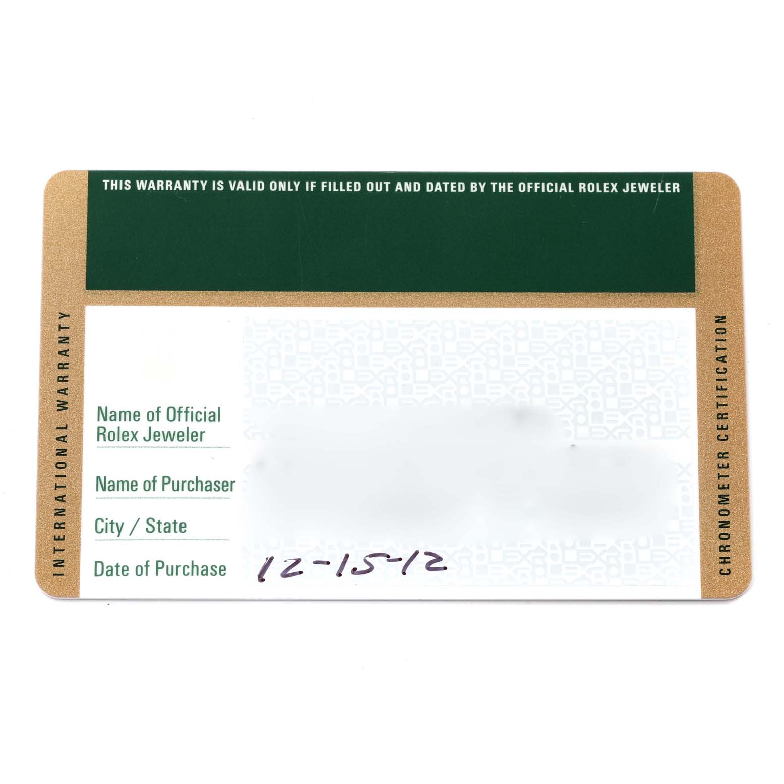 The image shows the warranty card for the Rolex Datejust 41 116334 Men
s Stainless Steel Blue Dial 116334 Men
s Stainless Steel Blue Dial watch, with purchase information partially filled in.