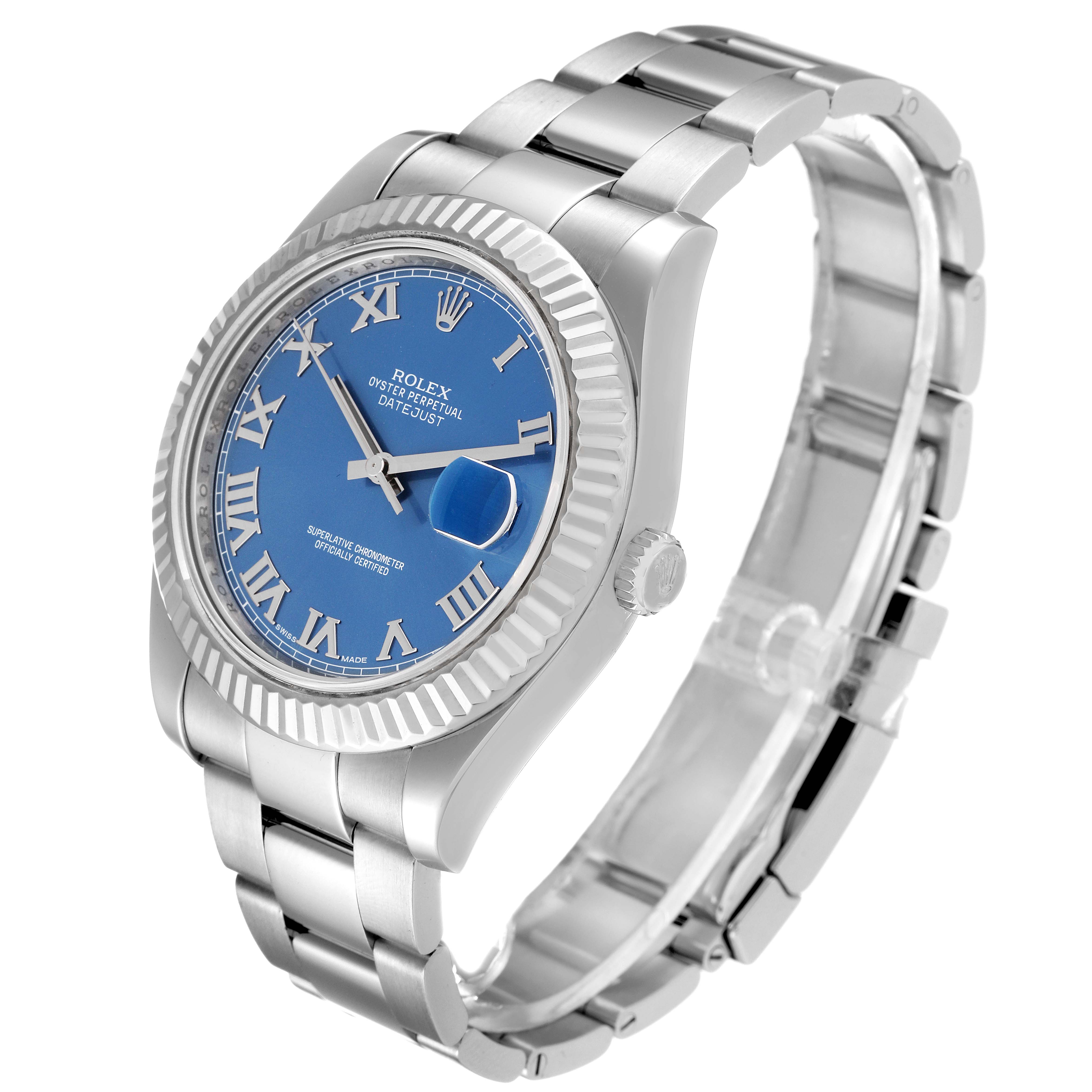 The Rolex Datejust 41 116334 Men
s Stainless Steel Blue Dial 116334 Men
s Stainless Steel Blue Dial watch is shown at a three-quarter angle, displaying the face, bezel, and bracelet.