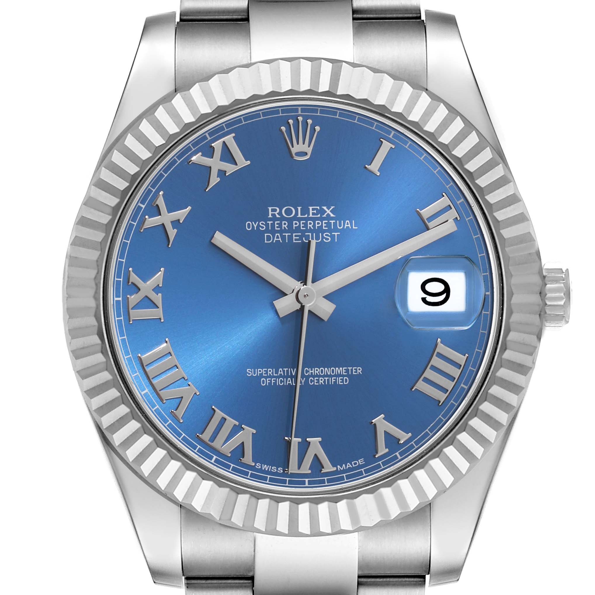 This is a front view of a Rolex Datejust 41 116334 Men
s Stainless Steel Blue Dial 116334 Men
s Stainless Steel Blue Dial watch, showing the blue dial, fluted bezel, date window, and Roman numeral markers.