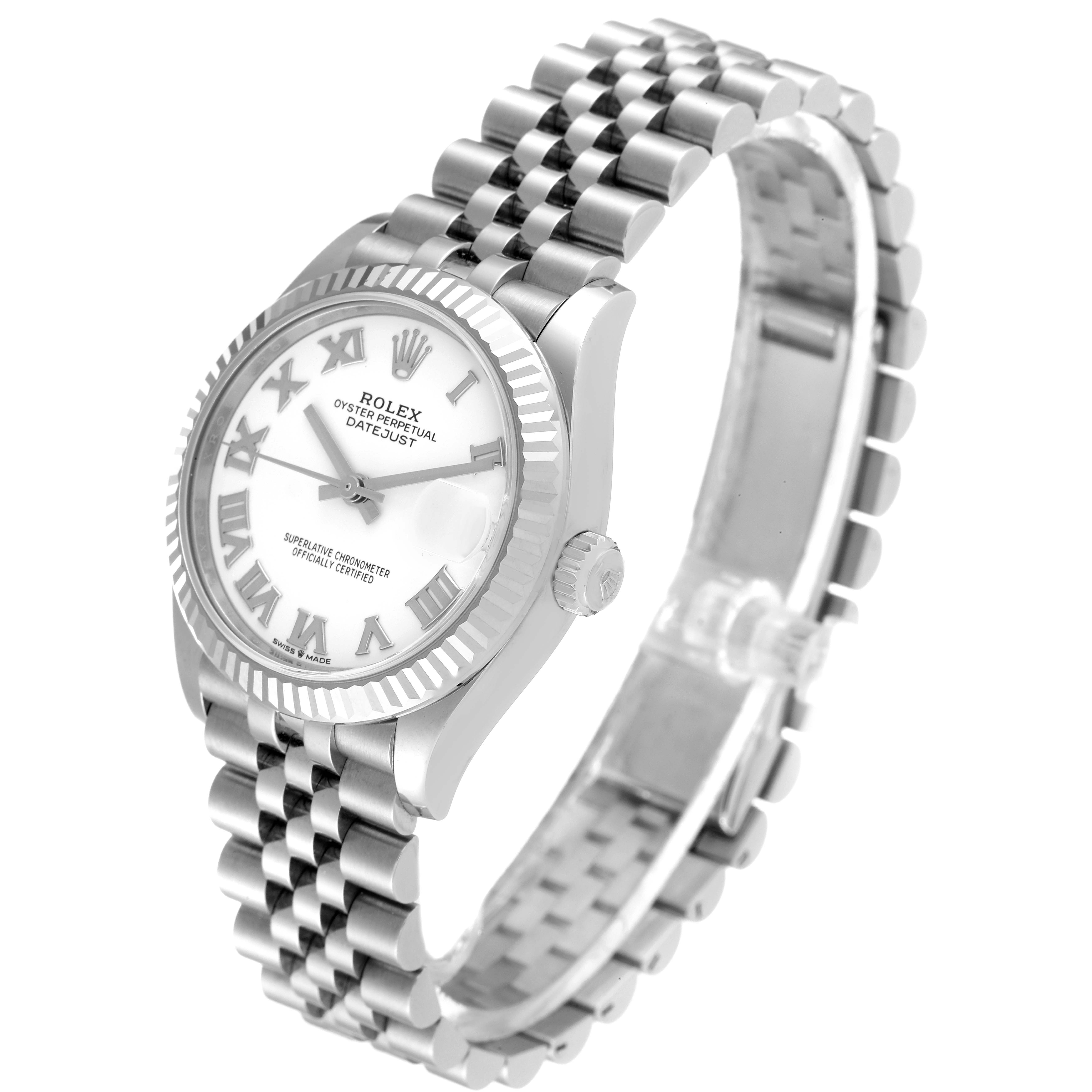 The image shows a side angle of a Rolex Mid-Size 278274 Women
s Stainless Steel White Dial 278274 Women
s Stainless Steel White Dial Datejust watch, highlighting its face, bezel, and bracelet.