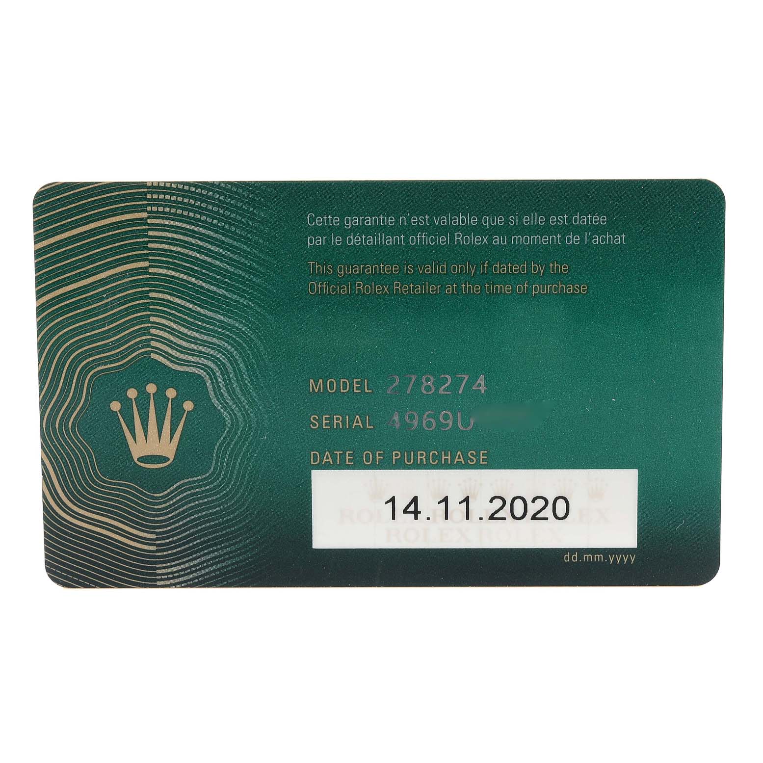 This image shows the warranty card of a Rolex Mid-Size 278274 Women
s Stainless Steel White Dial 278274 Women
s Stainless Steel White Dial model 278274, displaying the model, serial number, and date of purchase.