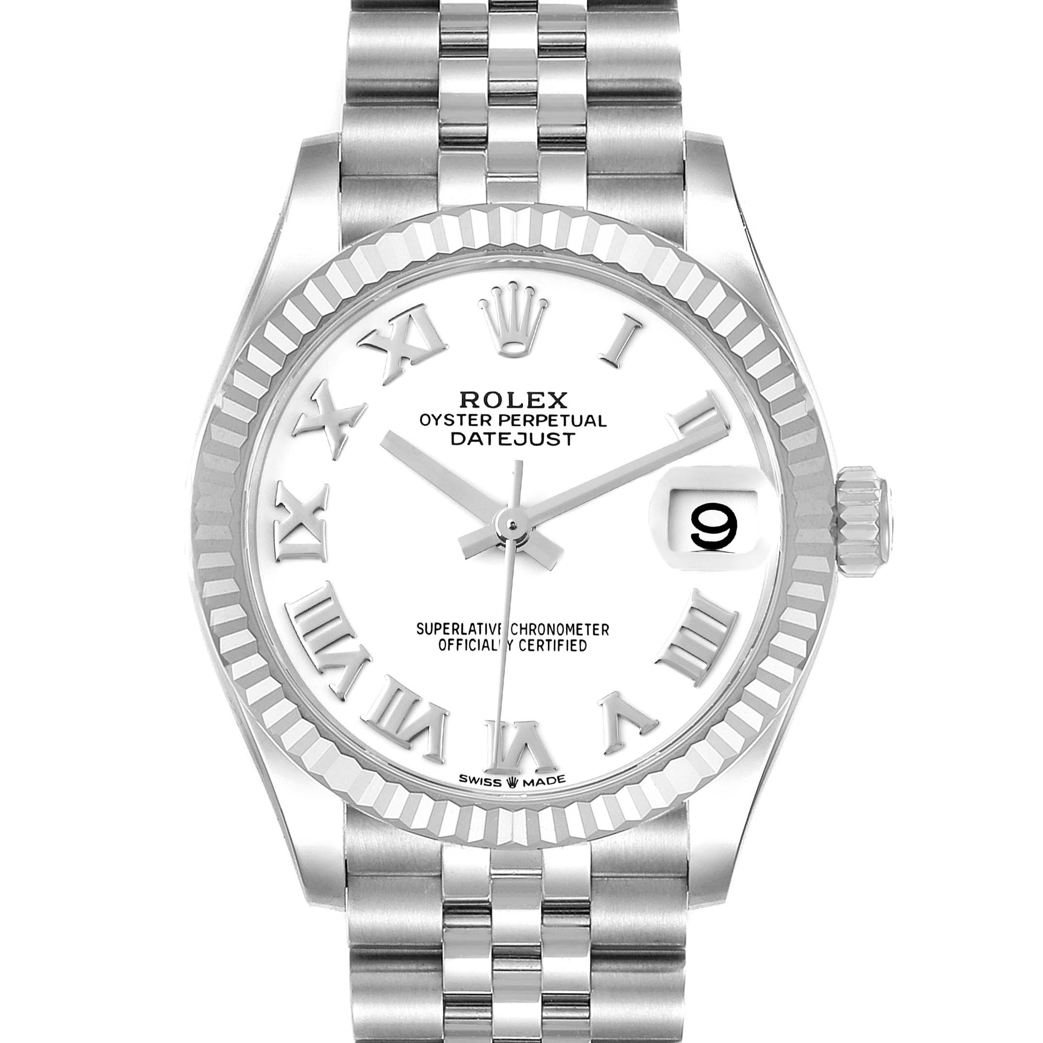 The image shows a front view of a Rolex Datejust Mid-Size model, displaying its bracelet, fluted bezel, and dial with Roman numerals and date window.