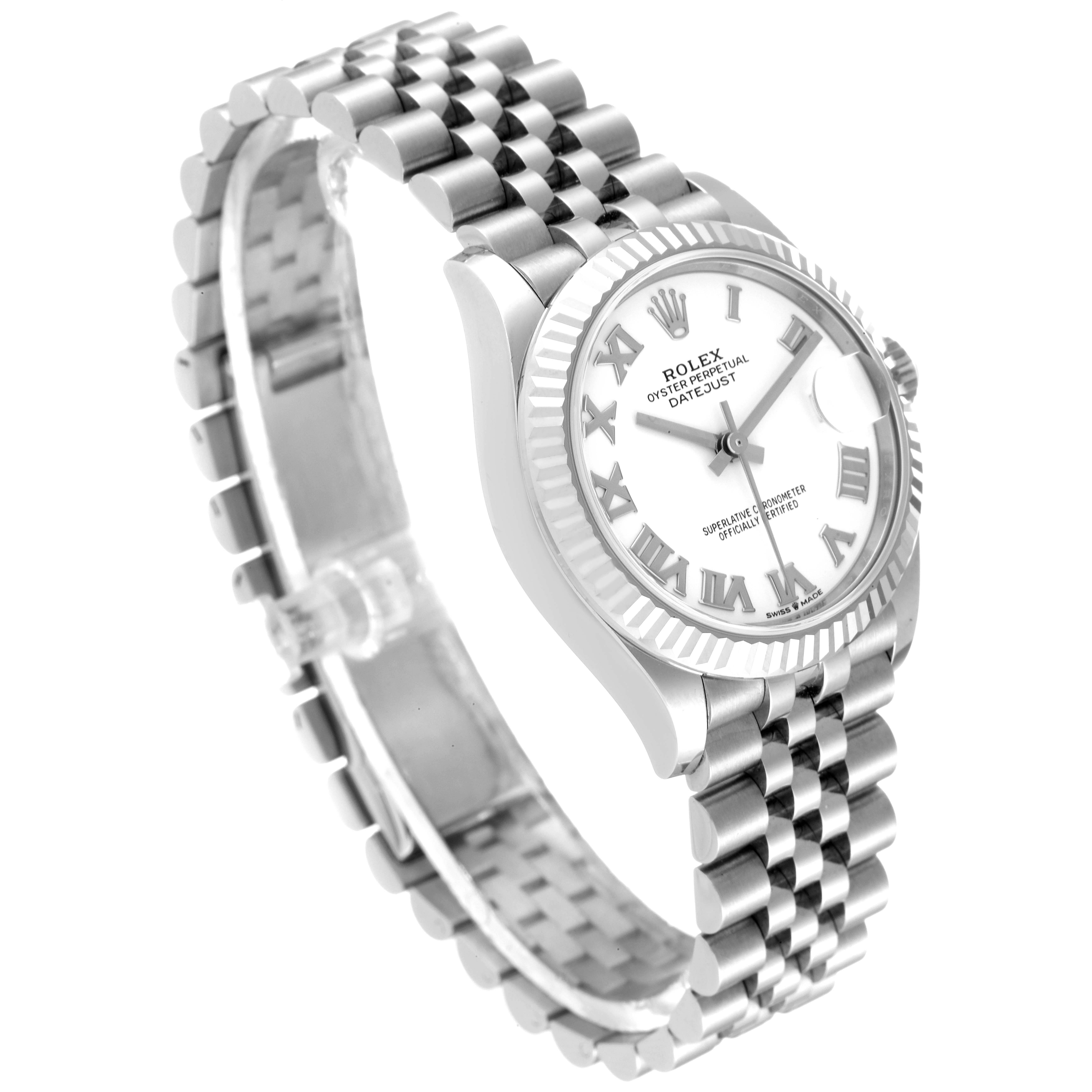 The image shows a Rolex Mid-Size 278274 Women
s Stainless Steel White Dial 278274 Women
s Stainless Steel White Dial watch at a slight angle, focusing on the face, bezel, and part of the bracelet.