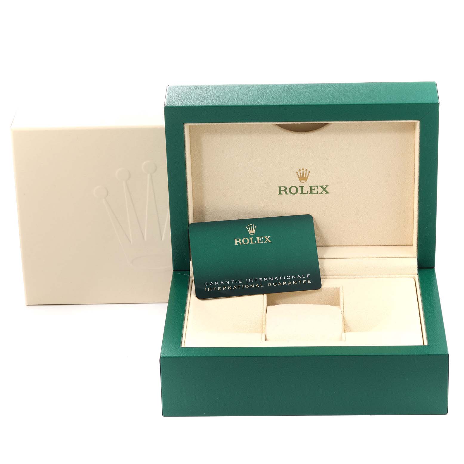 The image shows a Rolex Mid-Size 278274 Women
s Stainless Steel White Dial 278274 Women
s Stainless Steel White Dial watch
s green box and guarantee card.