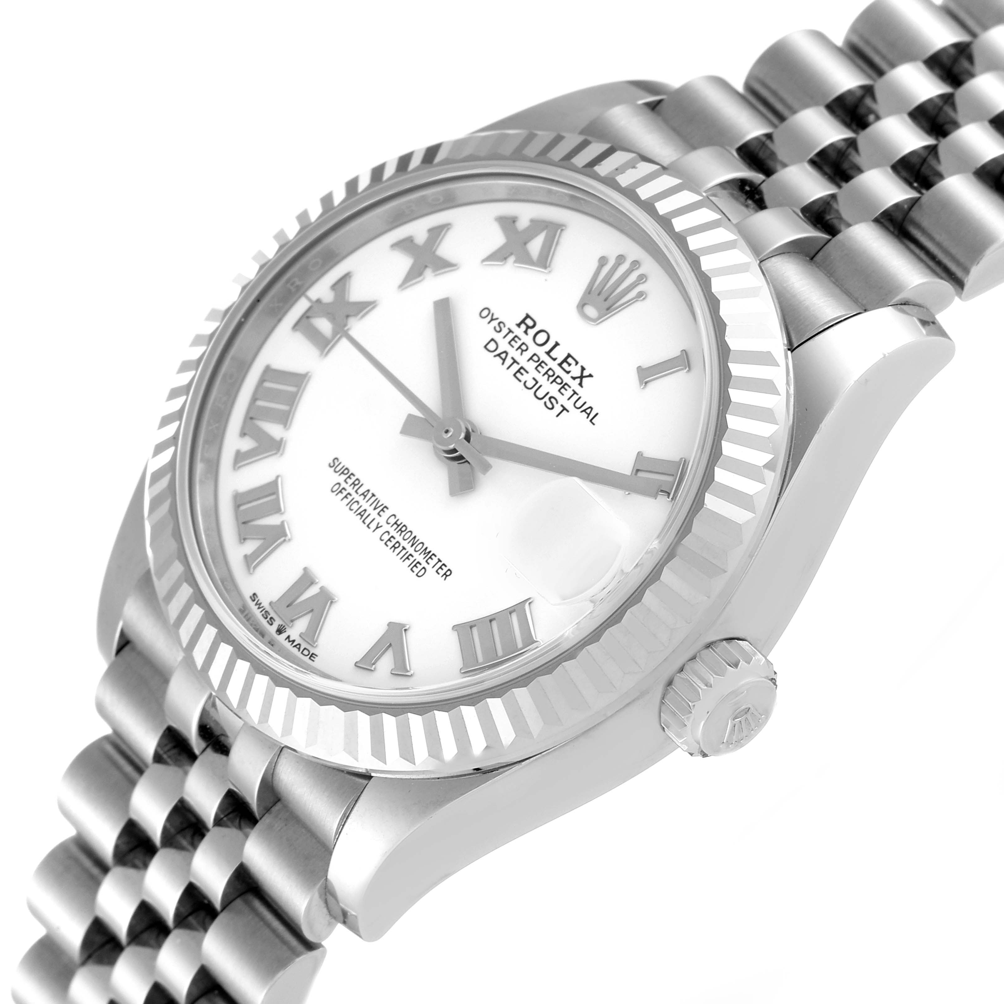 This image shows a mid-size Rolex Datejust watch at an angle displaying the face, fluted bezel, crown, and part of the bracelet.