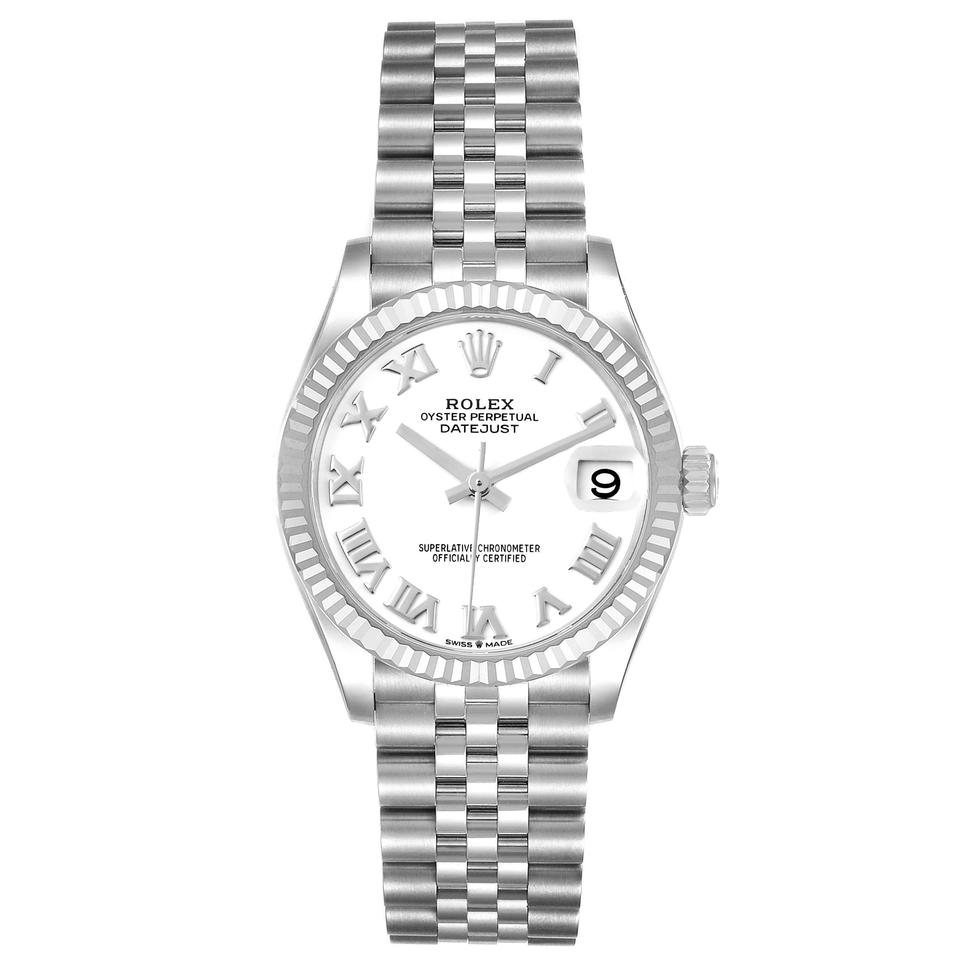 The image shows a front view of the Rolex Mid-Size 278274 Women
s Stainless Steel White Dial 278274 Women
s Stainless Steel White Dial Oyster Perpetual Datejust watch displaying its dial, bezel, bracelet, and crown.