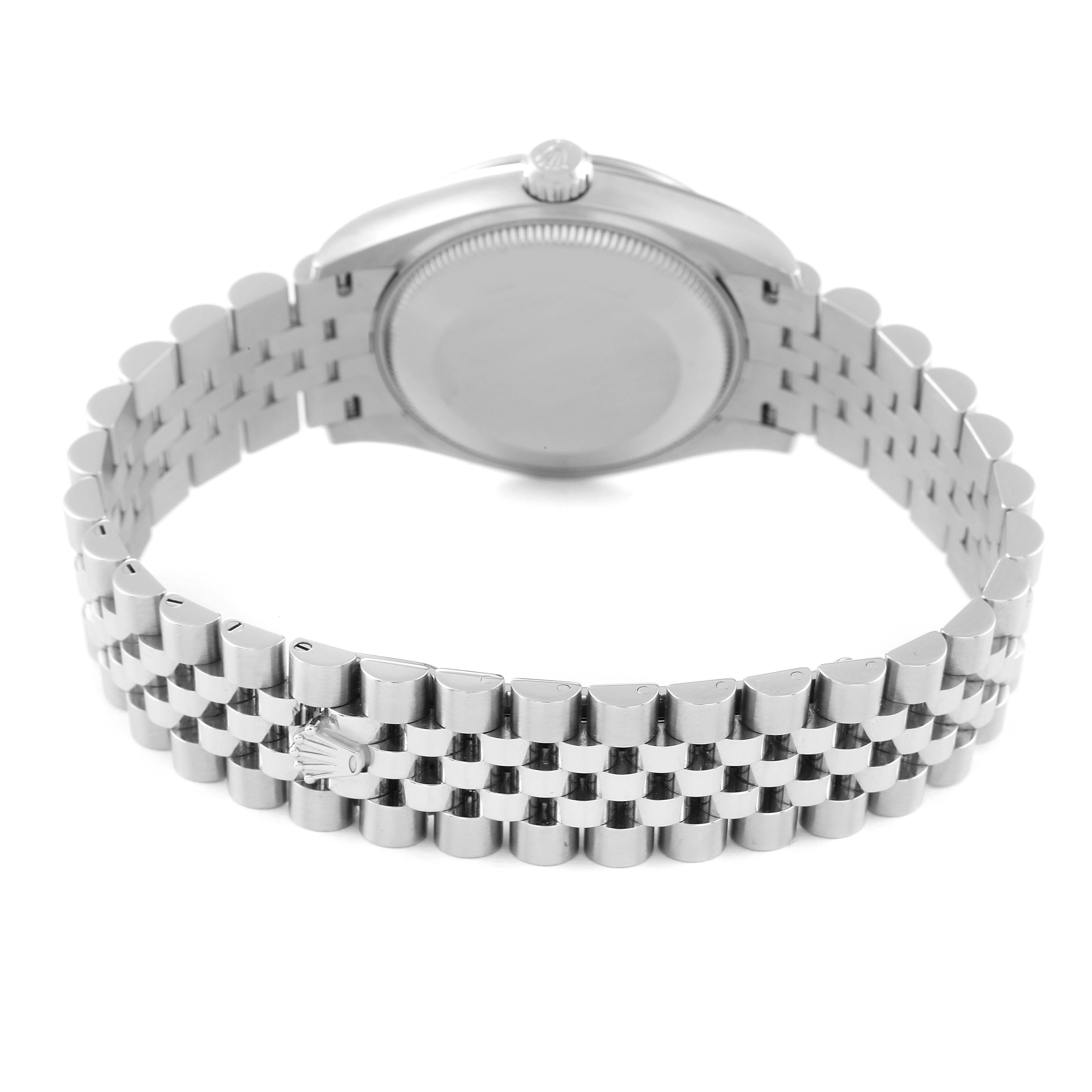 The image shows the back view of a Rolex Mid-Size 278274 Women
s Stainless Steel White Dial 278274 Women
s Stainless Steel White Dial watch, focusing on the case back and metal bracelet.