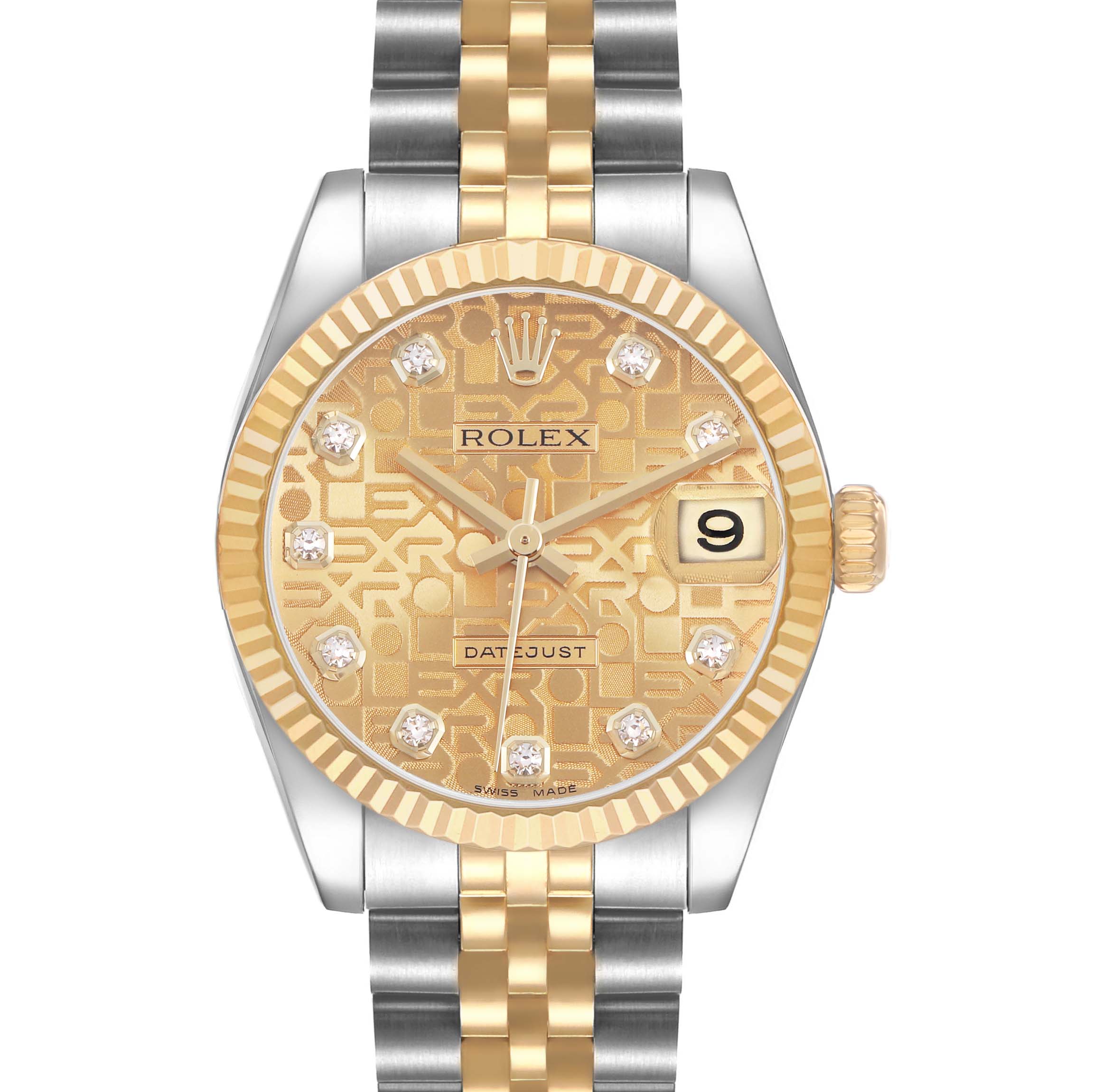 The image shows a front view of a Rolex Mid-Size 178273 Women's Steel and Gold (two tone) Champagne Dial watch, highlighting the dial, bezel, and bracelet.