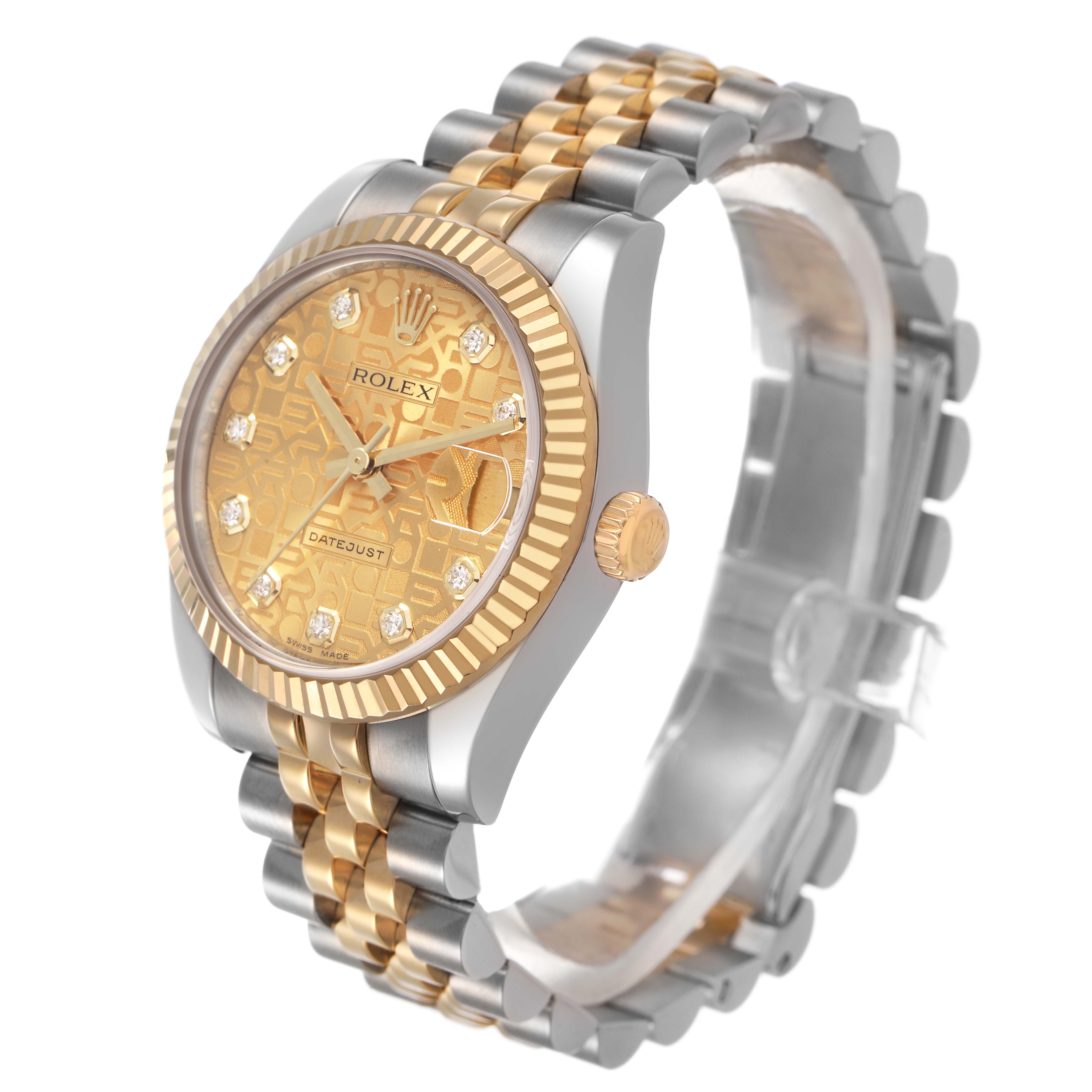 The Rolex Datejust Mid-Size watch is shown from a three-quarter angle, highlighting its gold patterned dial, bezel, and two-tone bracelet.