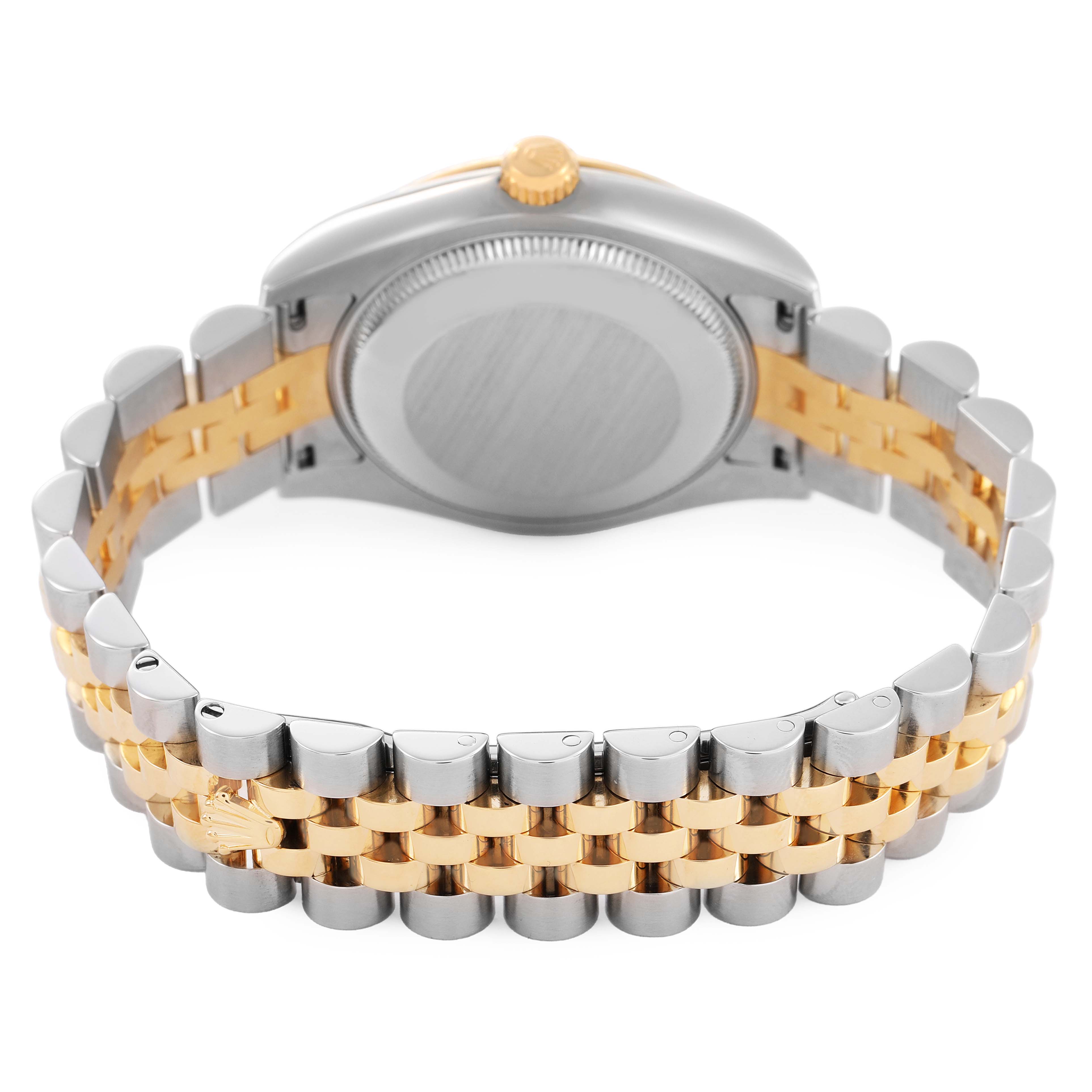 The Rolex Mid-Size 178273 Women's Steel and Gold (two tone) Champagne Dial model is shown from the back, highlighting the case back and two-tone bracelet.