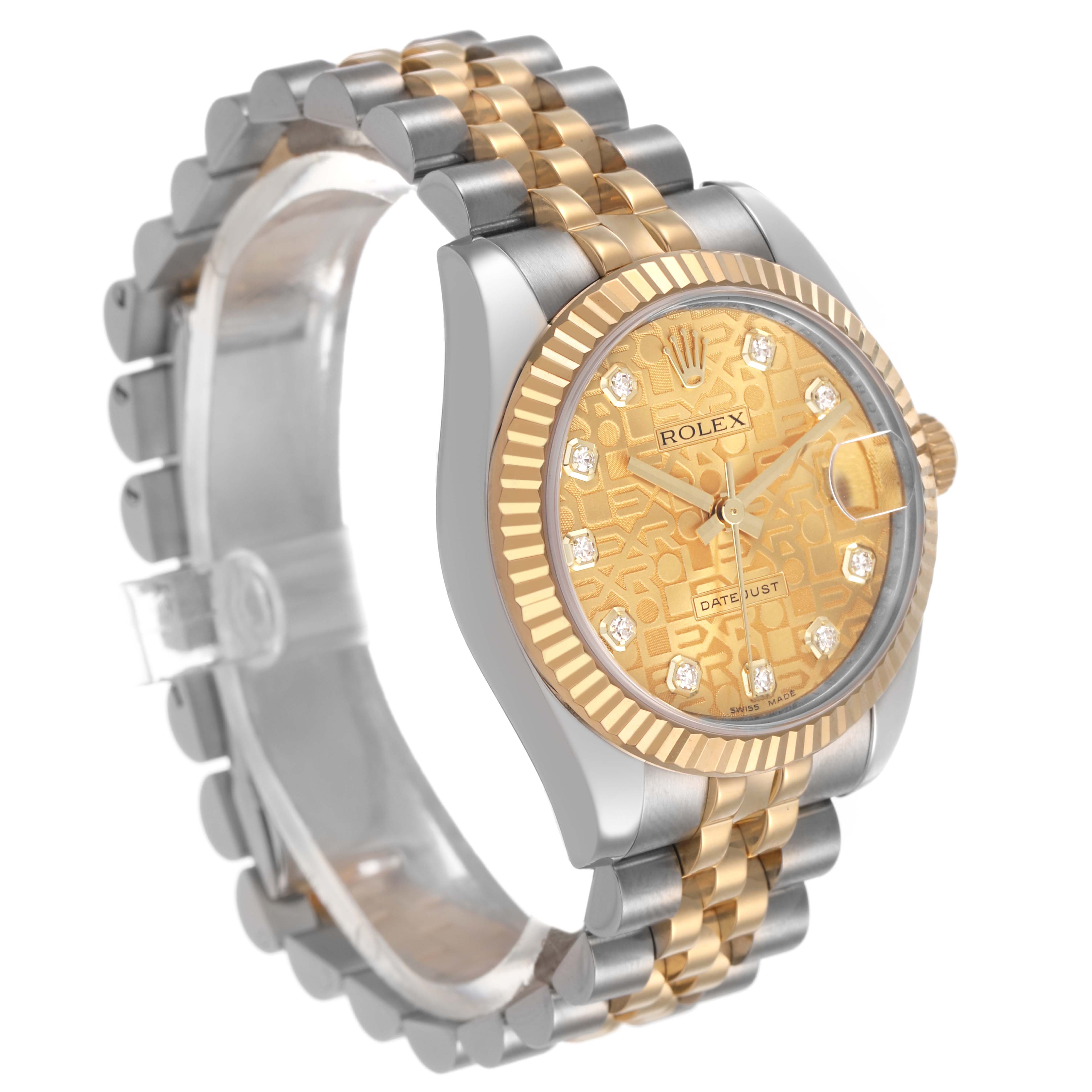 The Rolex Mid-Size 178273 Women's Steel and Gold (two tone) Champagne Dial watch is shown at an angled view, highlighting its face, bezel, and two-tone bracelet.