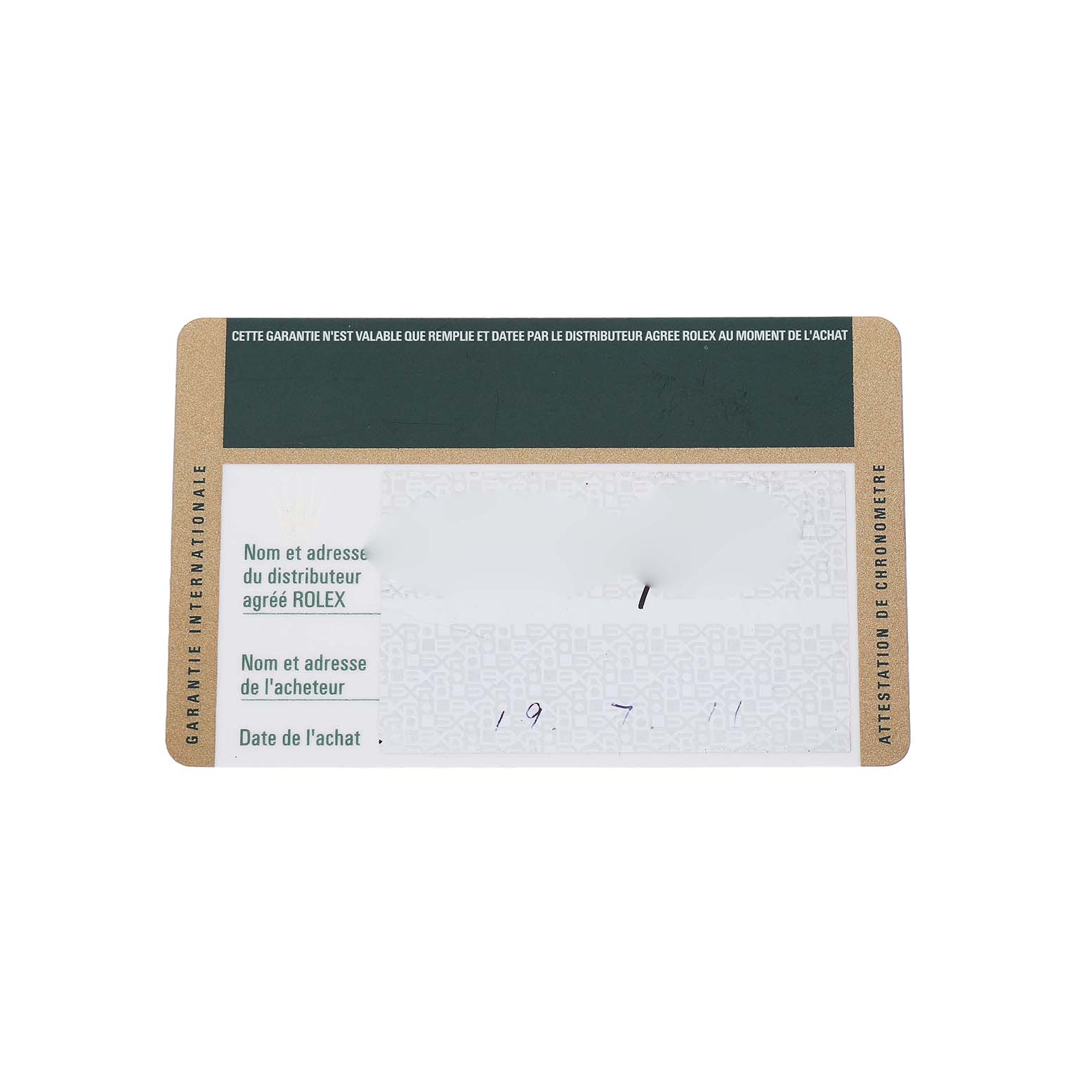 The image shows a Rolex international guarantee card for a Mid-Size model, including purchase details.