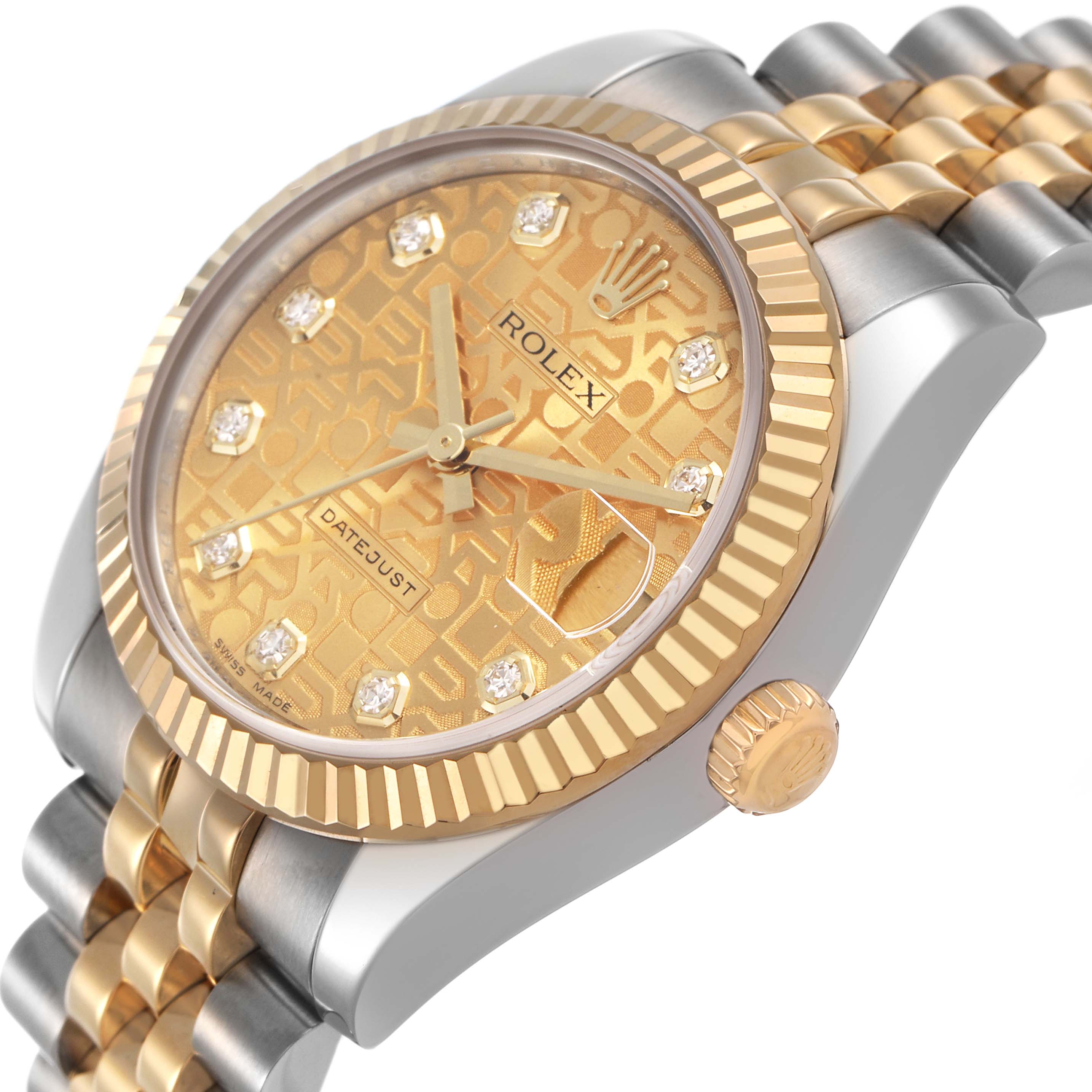 The Rolex Mid-Size 178273 Women's Steel and Gold (two tone) Champagne Dial watch is shown at an angled side view, highlighting the bezel, dial, crown, and part of the bracelet.