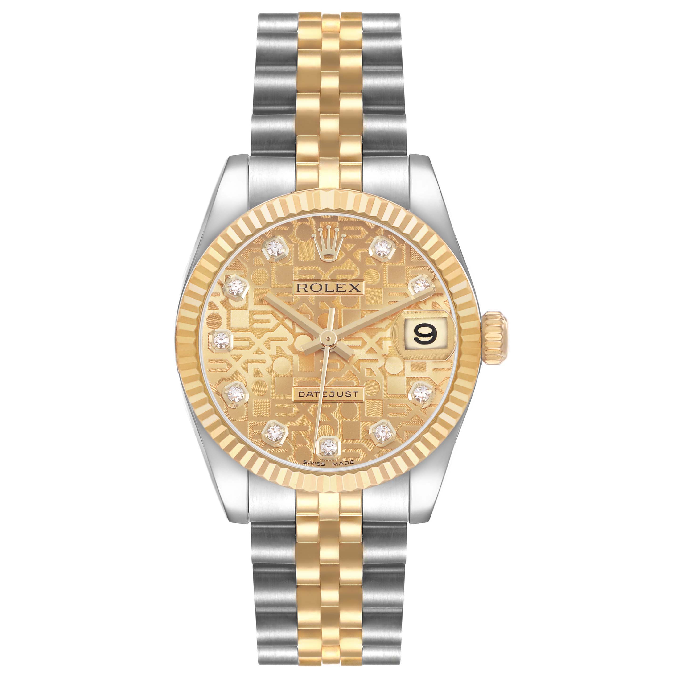 The Rolex Mid-Size 178273 Women's Steel and Gold (two tone) Champagne Dial watch is shown from the front, highlighting its gold and steel bracelet, fluted bezel, and date window.