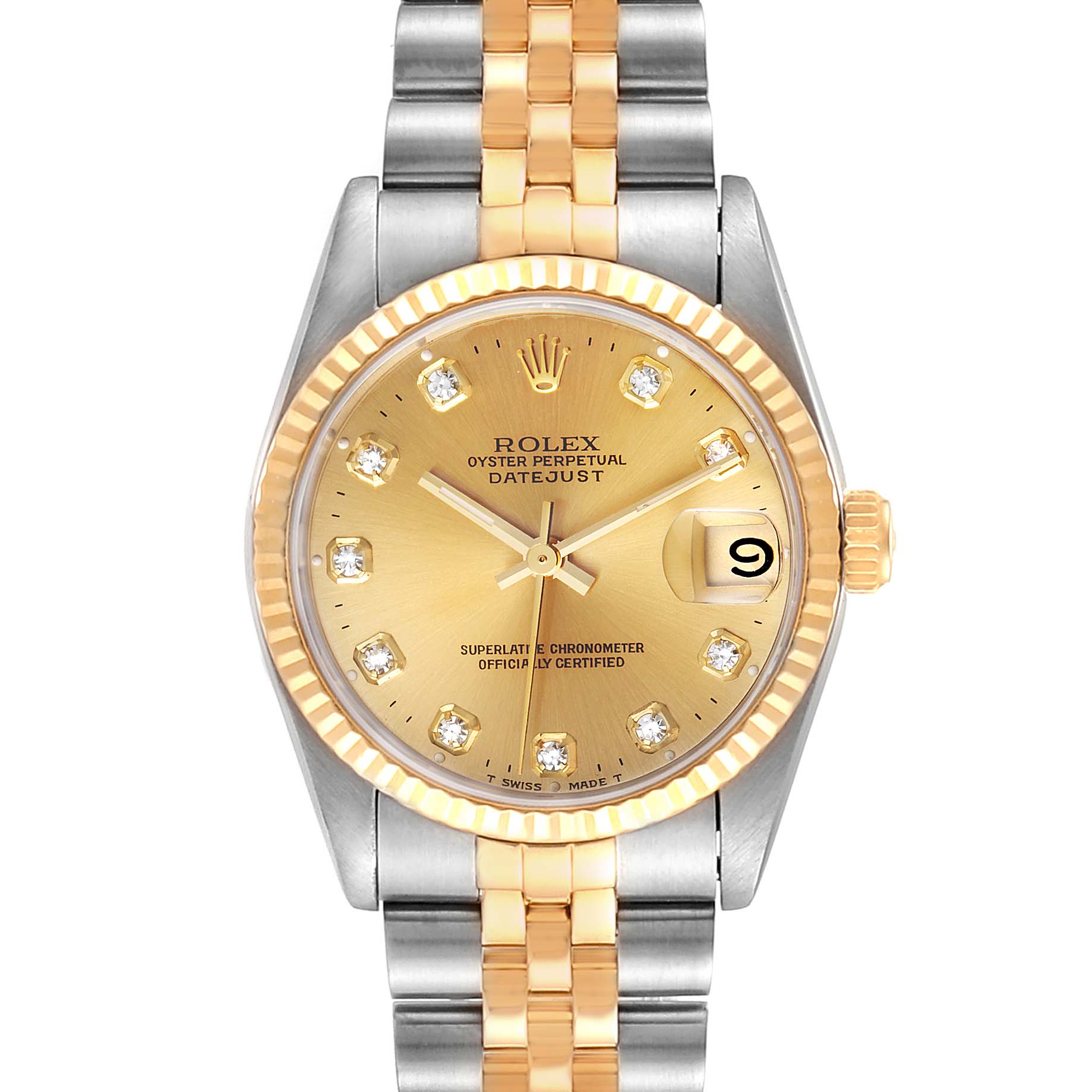 The Rolex Mid-Size 68273 Women's Steel and Gold (two tone) Champagne Dial 68273 Women's Steel and Gold (two tone) Champagne Dial model watch is displayed from a front angle, showing the dial, bezel, crown, and bracelet.