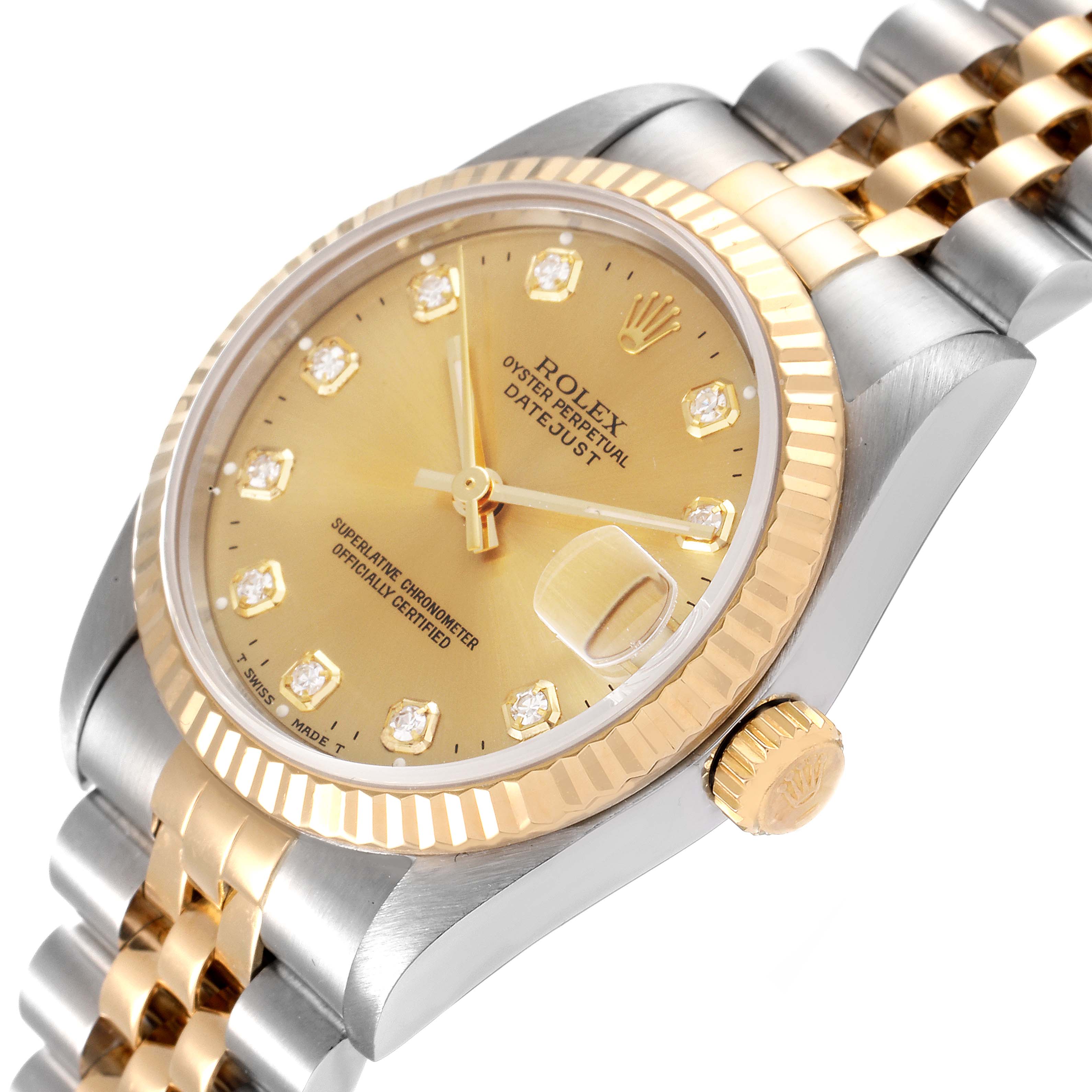 The Rolex Mid-Size 68273 Women's Steel and Gold (two tone) Champagne Dial 68273 Women's Steel and Gold (two tone) Champagne Dial model watch is shown from an angled top view, displaying the dial, bezel, crown, and part of the bracelet.