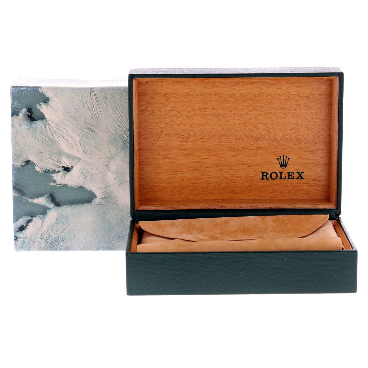 The image shows an open Rolex Mid-Size 68273 Women's Steel and Gold (two tone) Champagne Dial 68273 Women's Steel and Gold (two tone) Champagne Dial model watch box with a wooden interior and branded cushion inside.