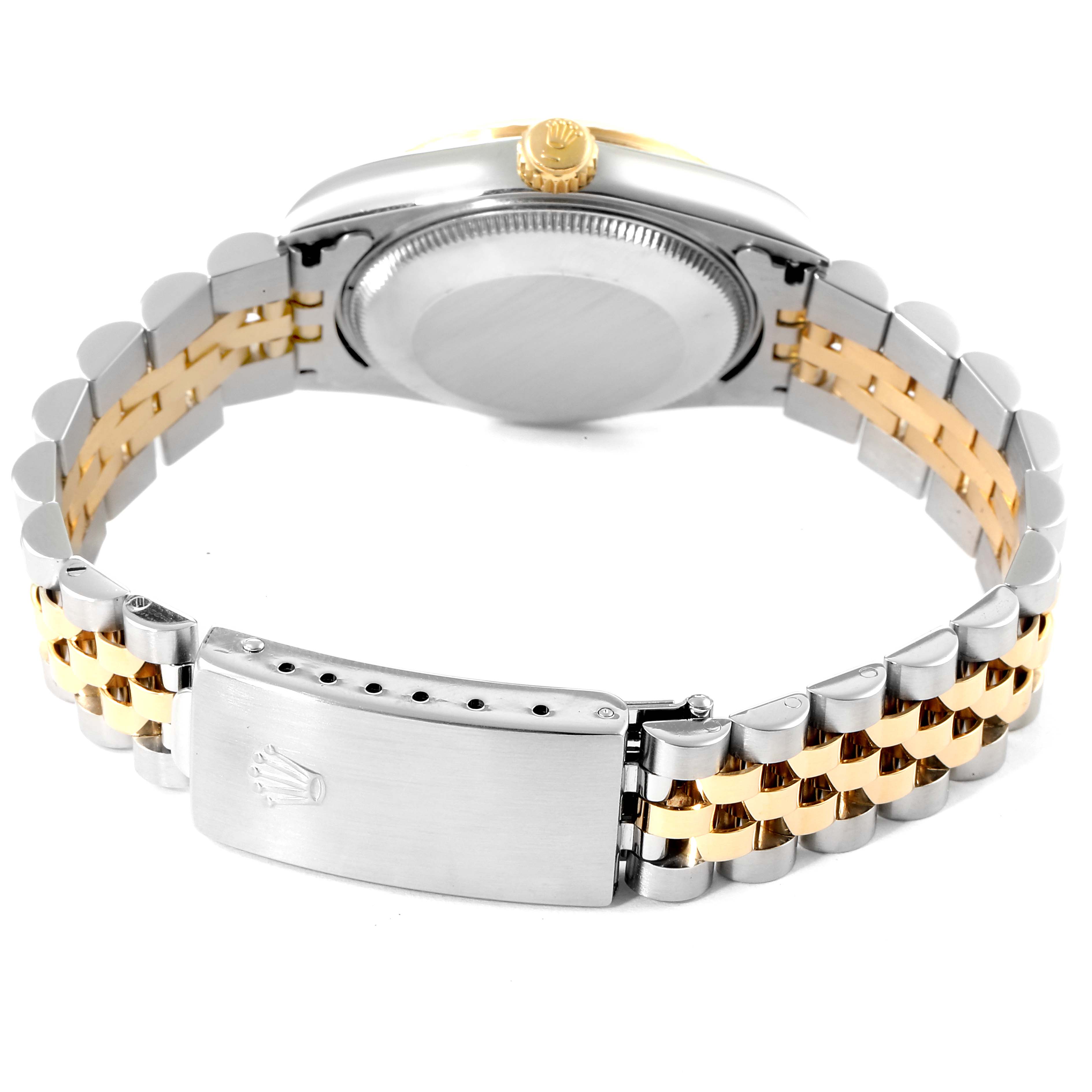 This image shows the back view of the Rolex Mid-Size 68273 Women's Steel and Gold (two tone) Champagne Dial 68273 Women's Steel and Gold (two tone) Champagne Dial watch, showcasing the clasp, bracelet, and case back.