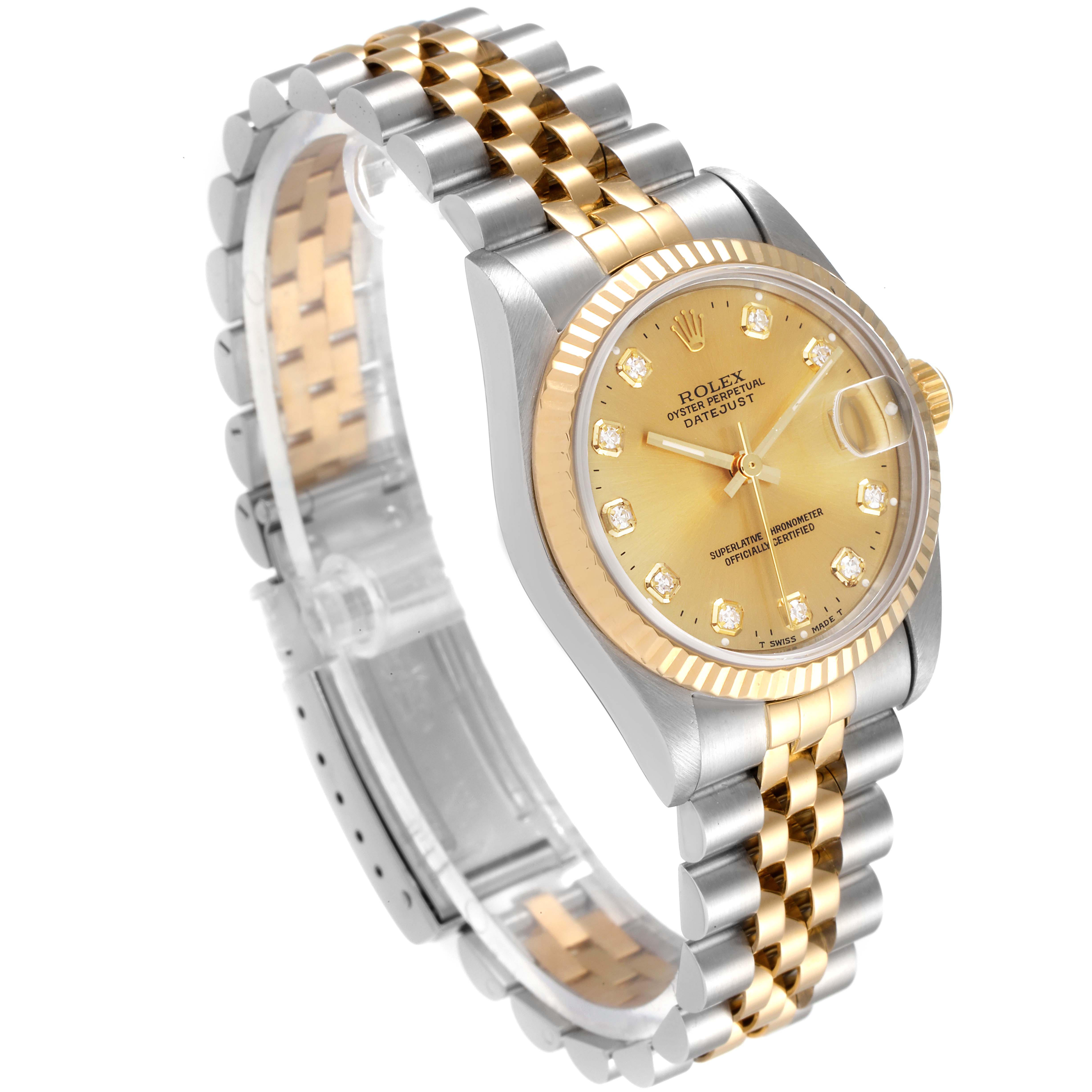 This image shows a Rolex Mid-Size 68273 Women's Steel and Gold (two tone) Champagne Dial 68273 Women's Steel and Gold (two tone) Champagne Dial Datejust watch at a three-quarter angle, highlighting the gold dial and two-tone bracelet.