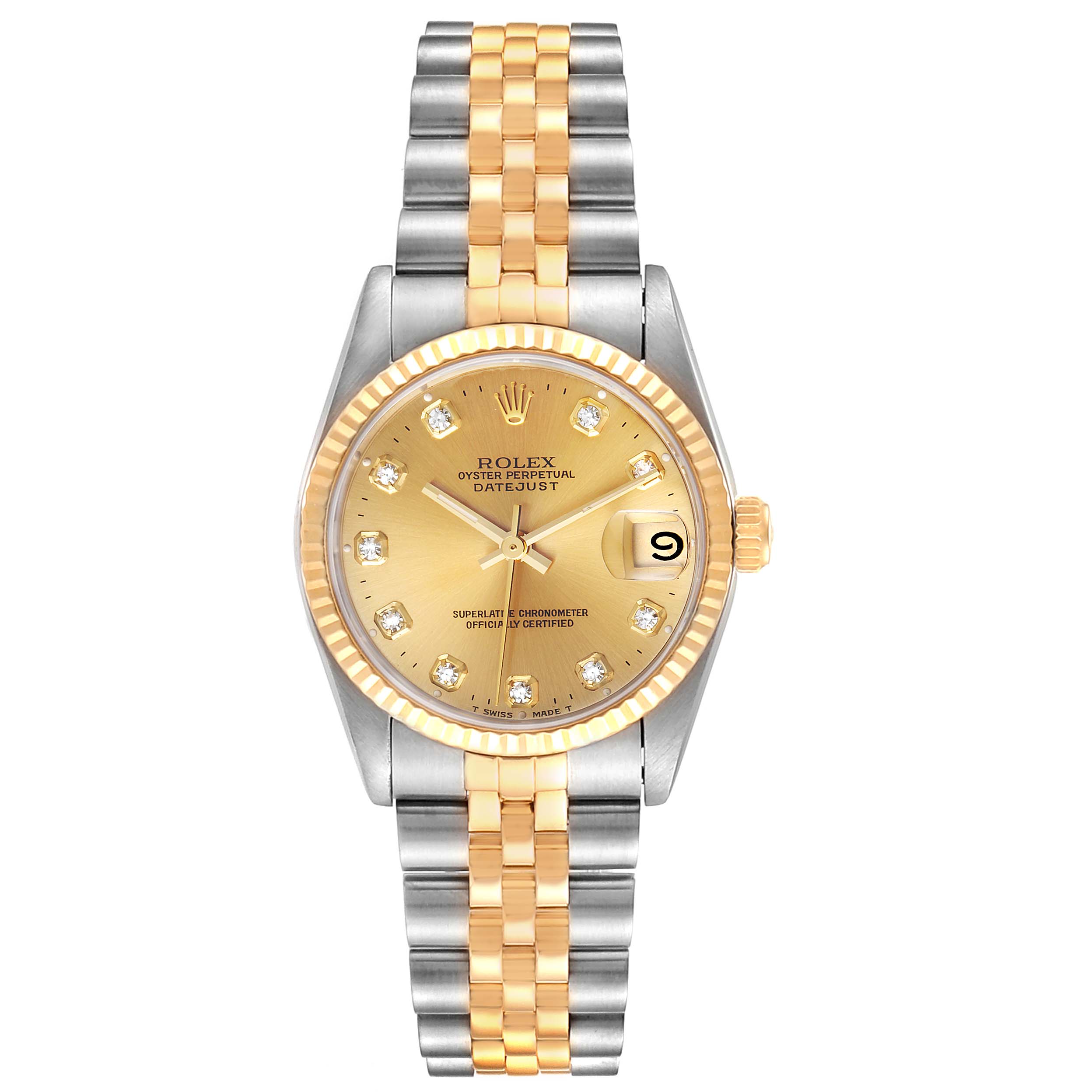 This image shows a Rolex Datejust Mid-Size watch from the front, highlighting its gold and silver bracelet, dial, and date window.
