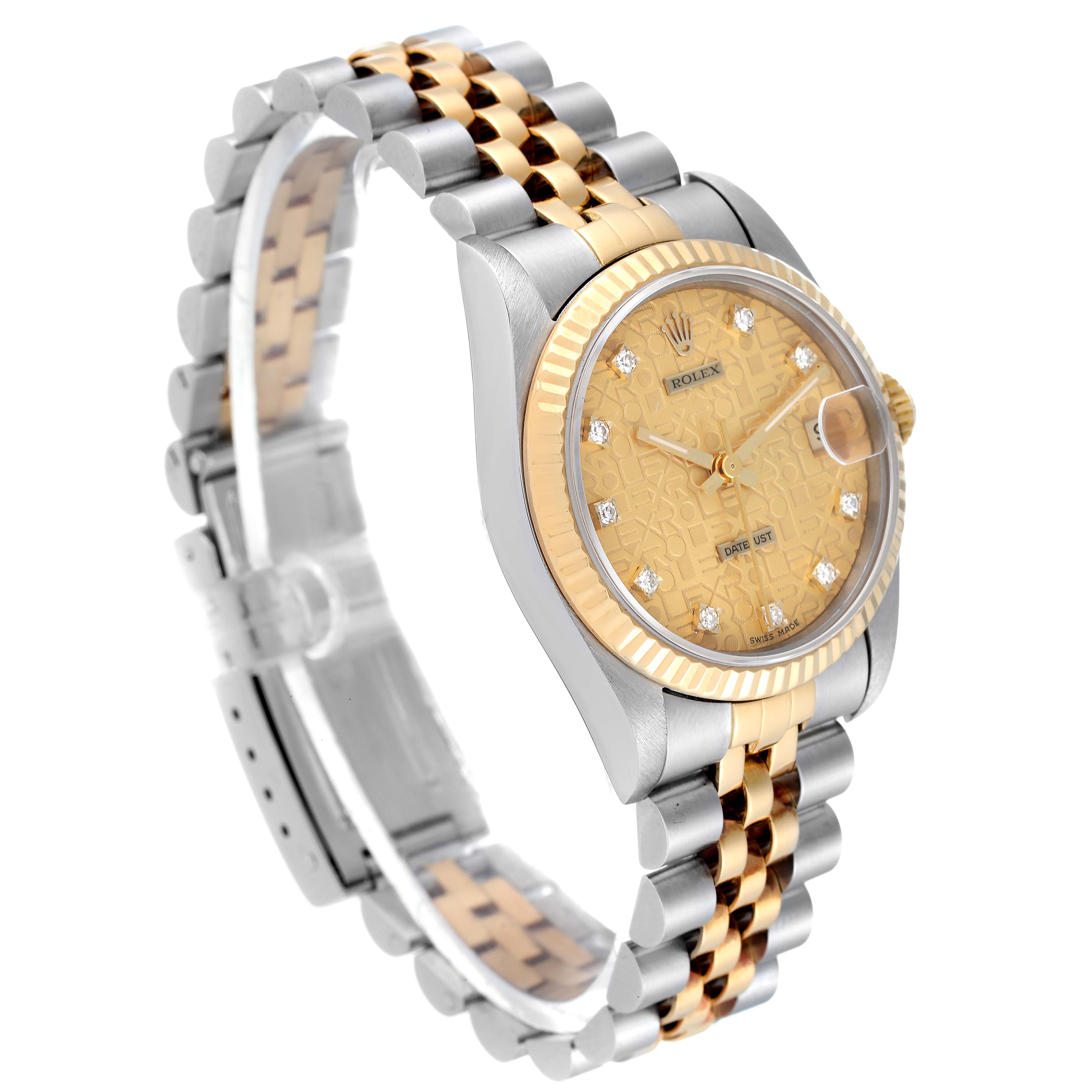 This image shows a side angle of a Rolex Mid-Size 68273 Women's Steel and Gold (two tone) Champagne Dial 68273 Women's Steel and Gold (two tone) Champagne Dial model, featuring its bezel, dial, crown, and two-tone bracelet.