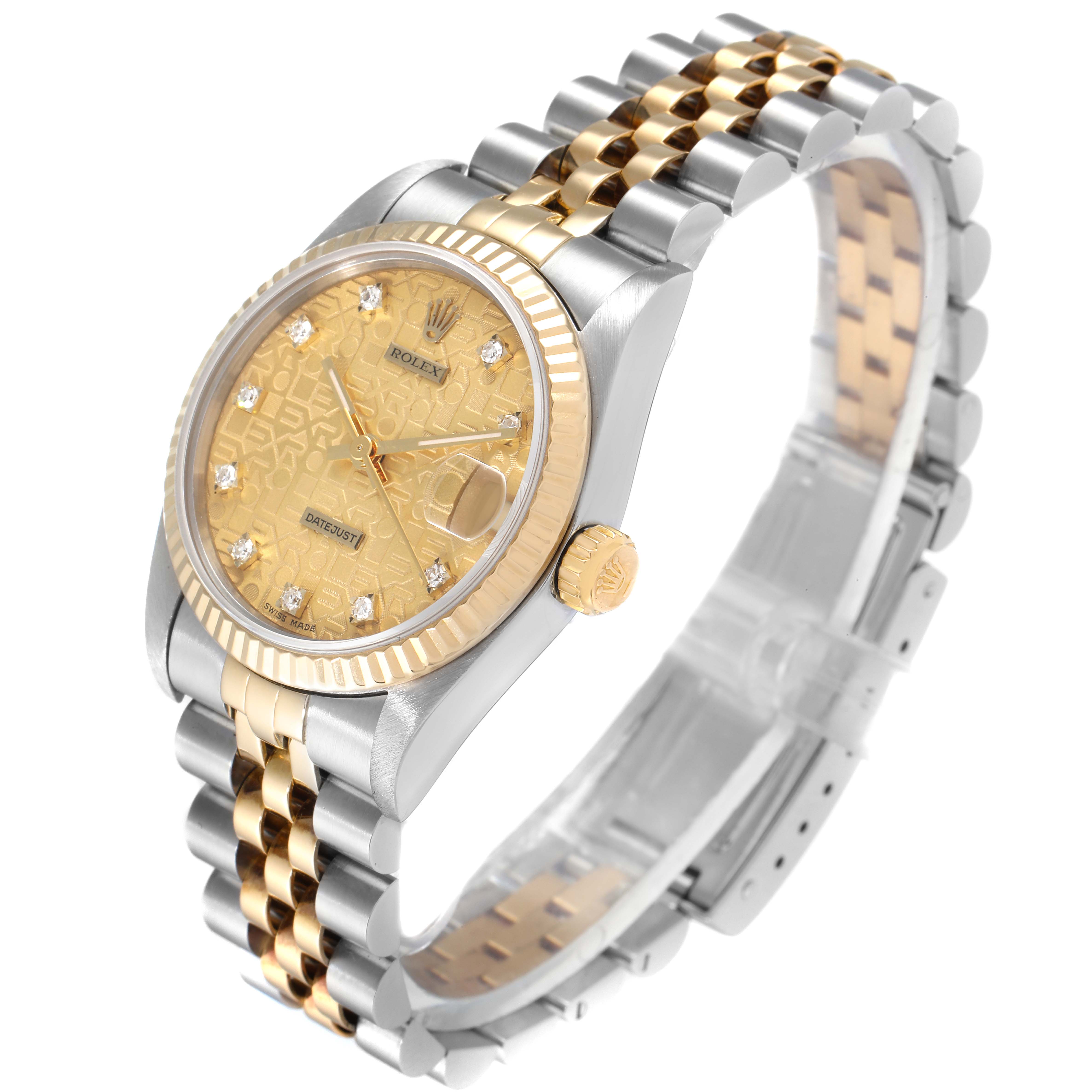 The image shows a front-side angle of a Rolex Mid-Size 68273 Women's Steel and Gold (two tone) Champagne Dial 68273 Women's Steel and Gold (two tone) Champagne Dial Datejust watch with a gold and stainless steel band and diamond hour markers.