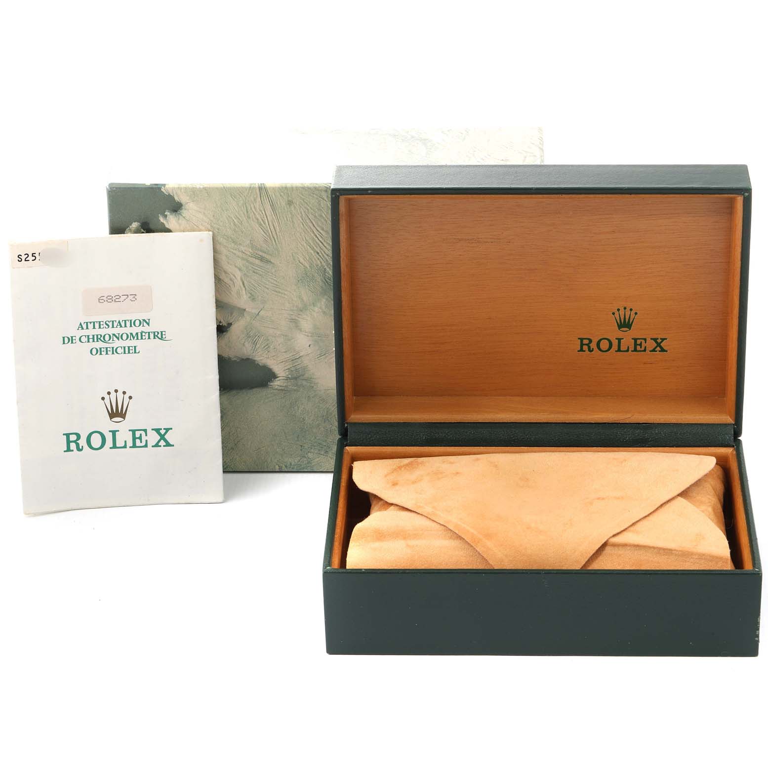 The image shows a Rolex Mid-Size 68273 Women's Steel and Gold (two tone) Champagne Dial 68273 Women's Steel and Gold (two tone) Champagne Dial watch box, its packaging, and an official chronometer certification booklet.