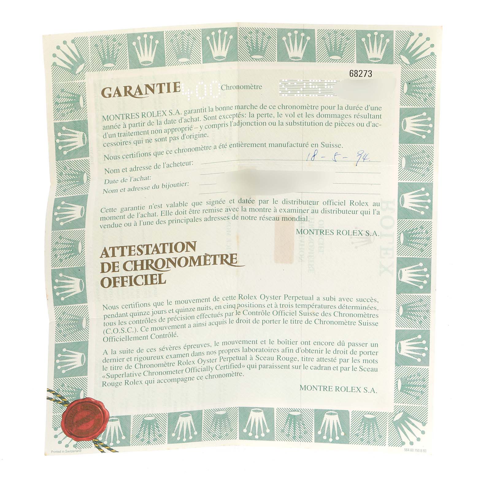 This image shows a warranty certificate for a Rolex Mid-Size 68273 Women's Steel and Gold (two tone) Champagne Dial 68273 Women's Steel and Gold (two tone) Champagne Dial model watch, featuring green borders and text in French.