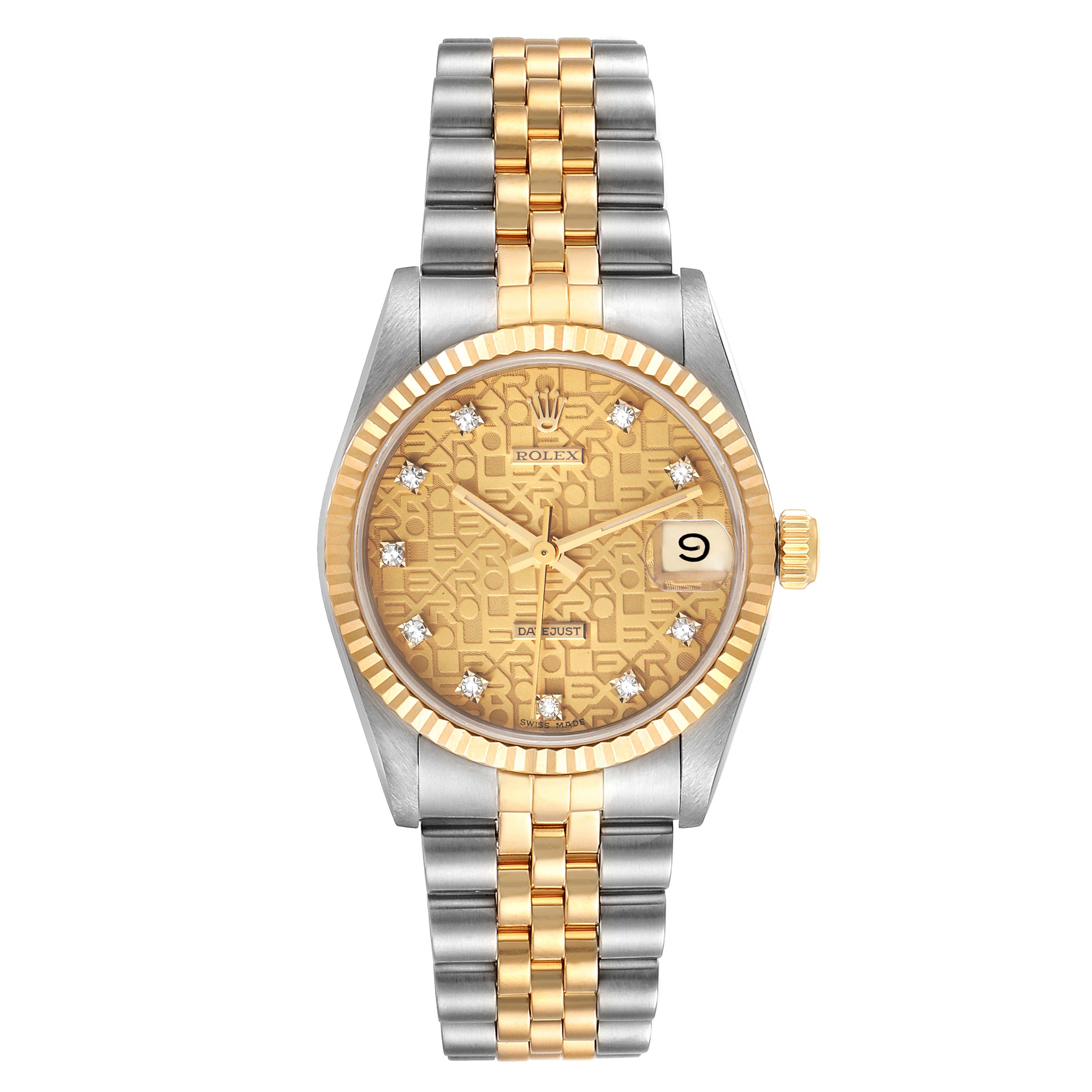 This image shows a front view of a Mid-Size Rolex watch with a gold and silver band and a gold dial.