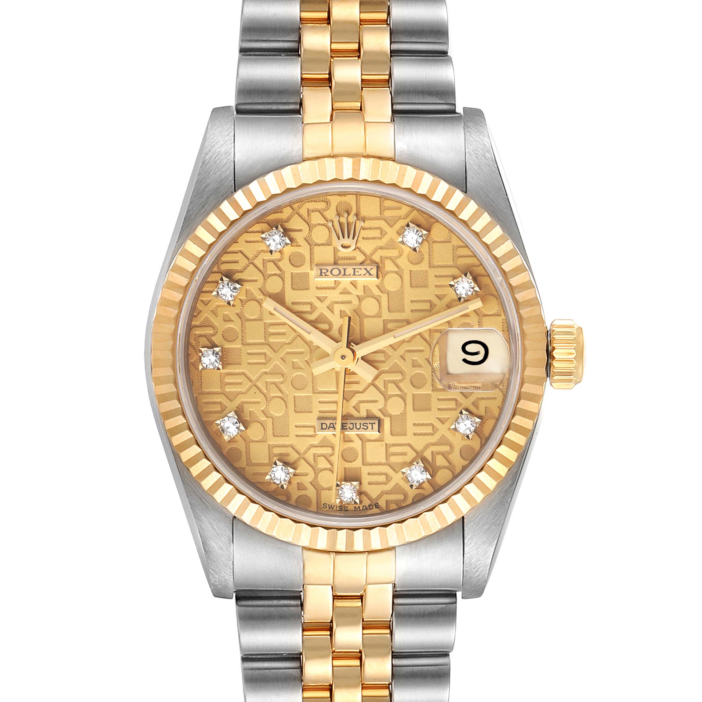 This image shows a front angle of a Rolex Mid-Size 68273 Women's Steel and Gold (two tone) Champagne Dial 68273 Women's Steel and Gold (two tone) Champagne Dial Datejust watch, featuring a gold and silver band, a gold patterned dial, and diamond hour markers.