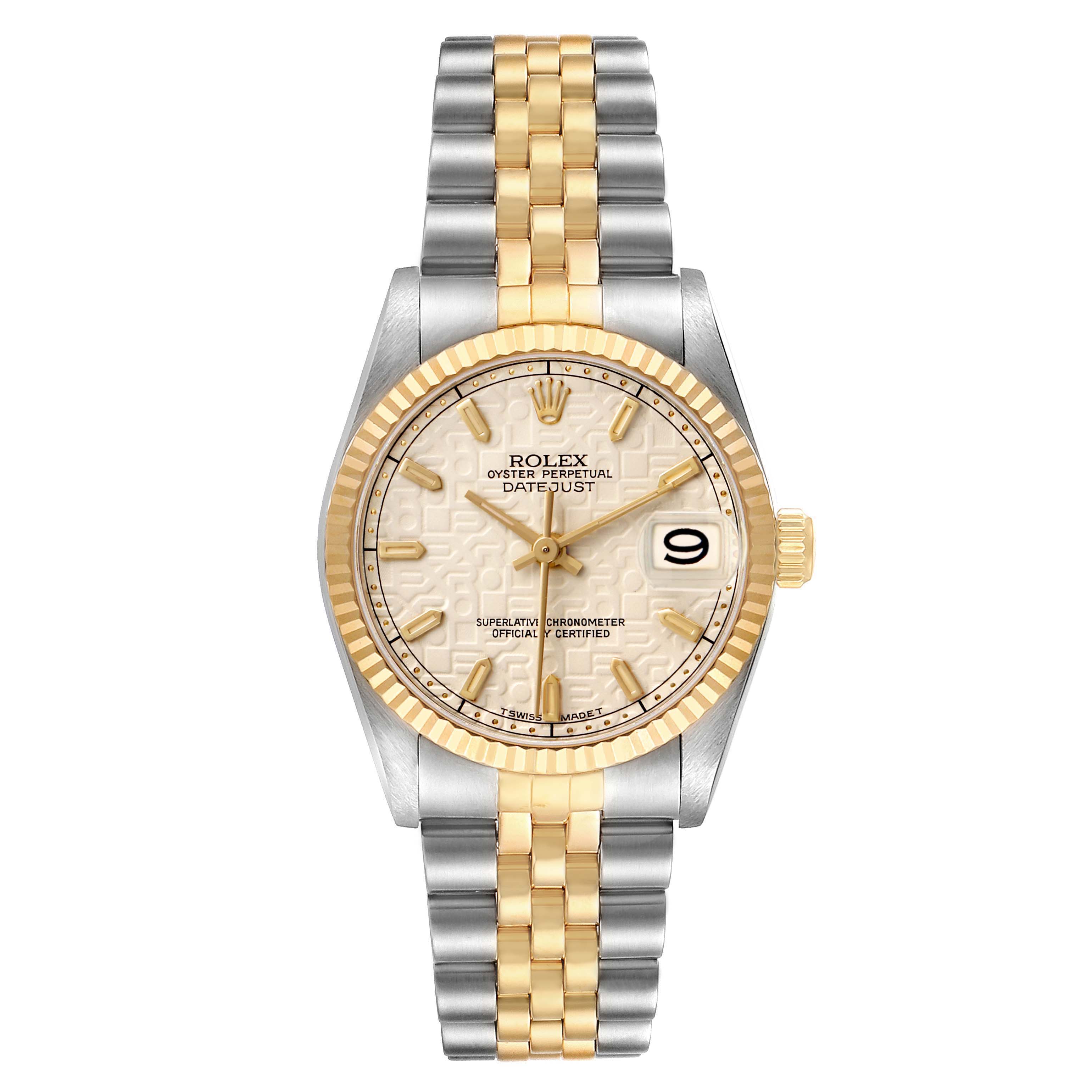 The Rolex Mid-Size 68273 Women's Steel and Gold (two tone) White Dial watch is shown from a front angle, highlighting the dial, bezel, and bracelet.