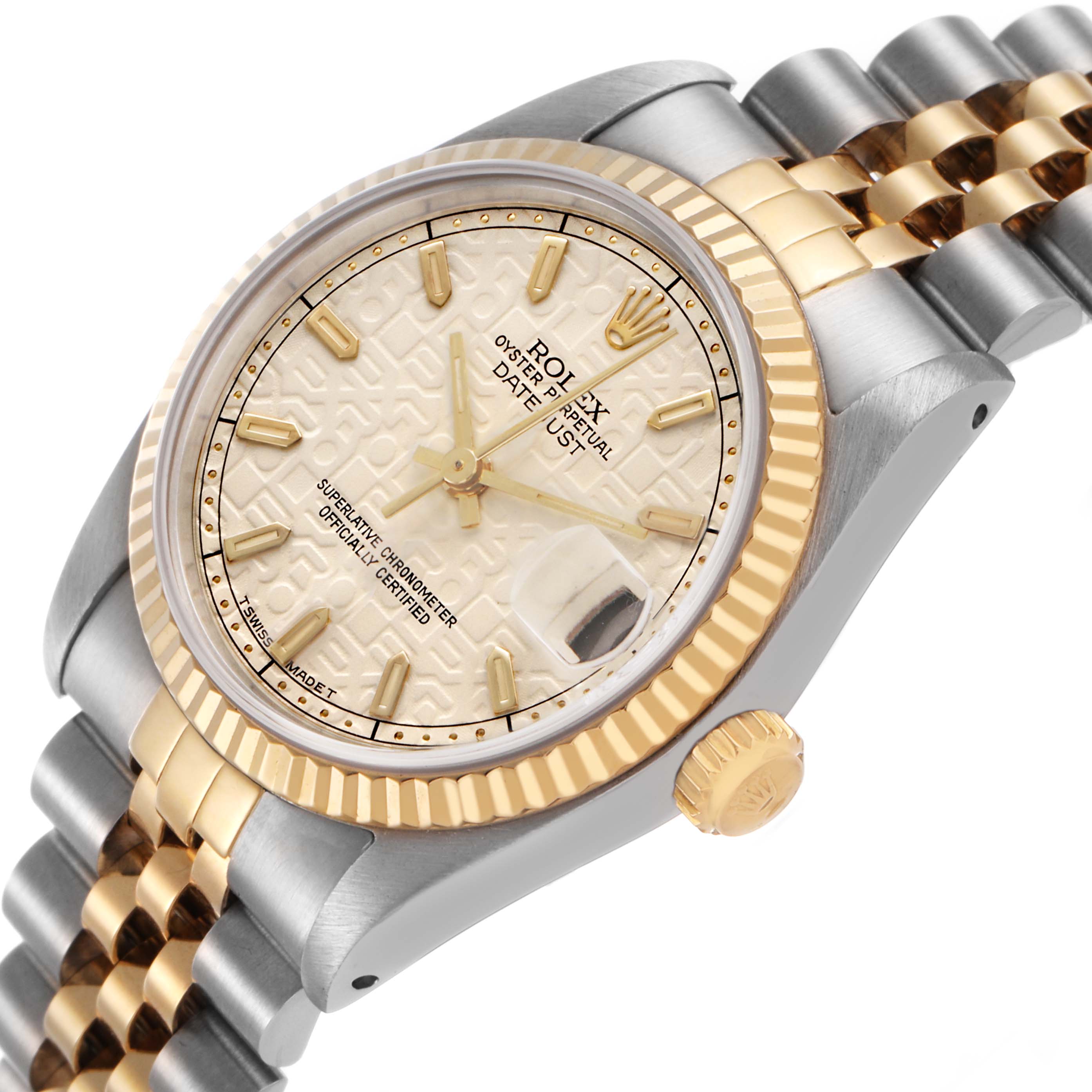 The Rolex Mid-Size 68273 Women's Steel and Gold (two tone) White Dial watch is shown at a slight angle highlighting the face, bezel, and part of the bracelet.