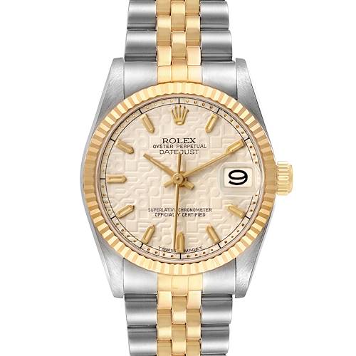 The Rolex Mid-Size 68273 Women's Steel and Gold (two tone) White Dial Datejust watch is shown from the front, highlighting the dial, bezel, case, bracelet, and crown.