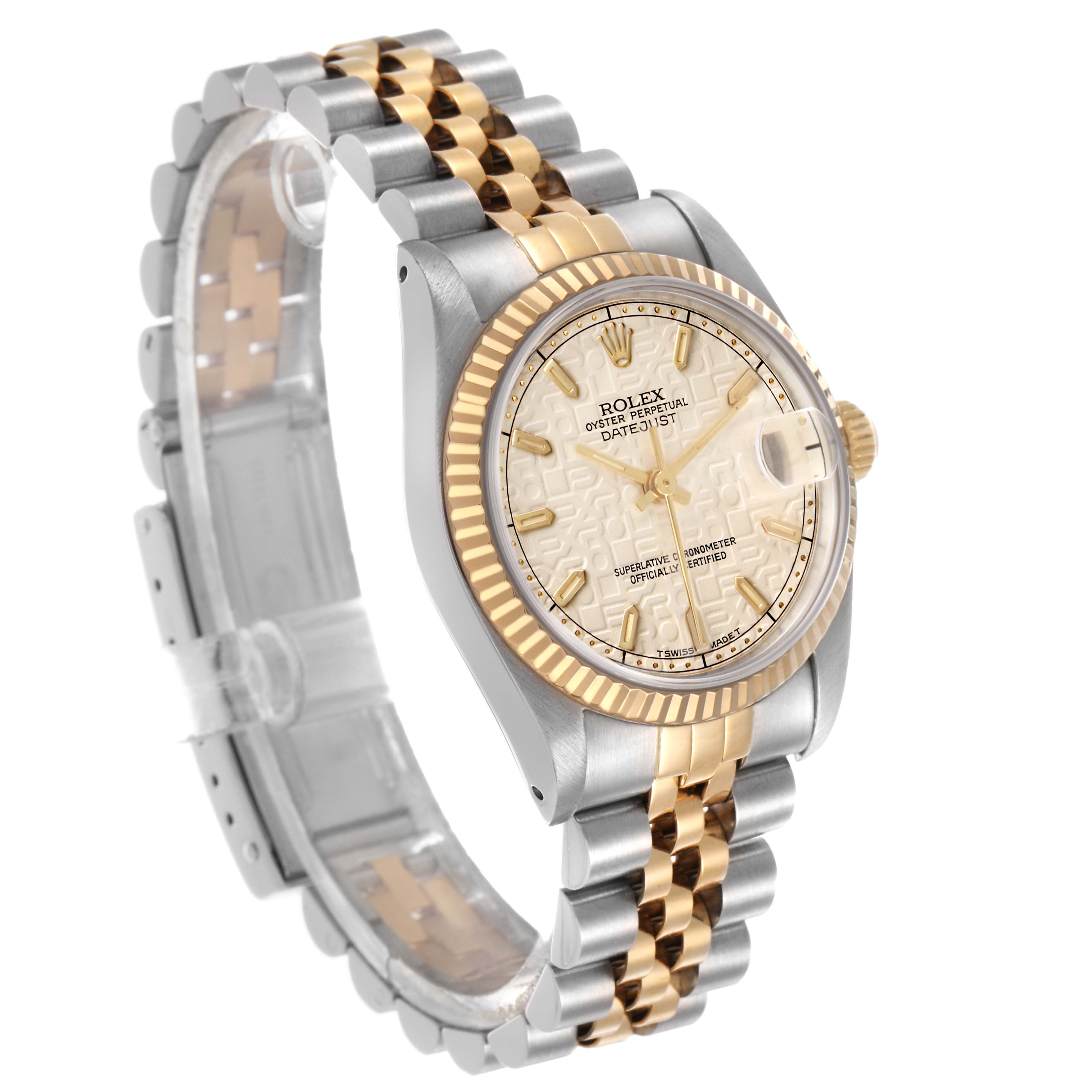 The Rolex Mid-Size 68273 Women's Steel and Gold (two tone) White Dial watch is shown at an oblique angle, highlighting its two-tone bracelet, bezel, dial, and crown.