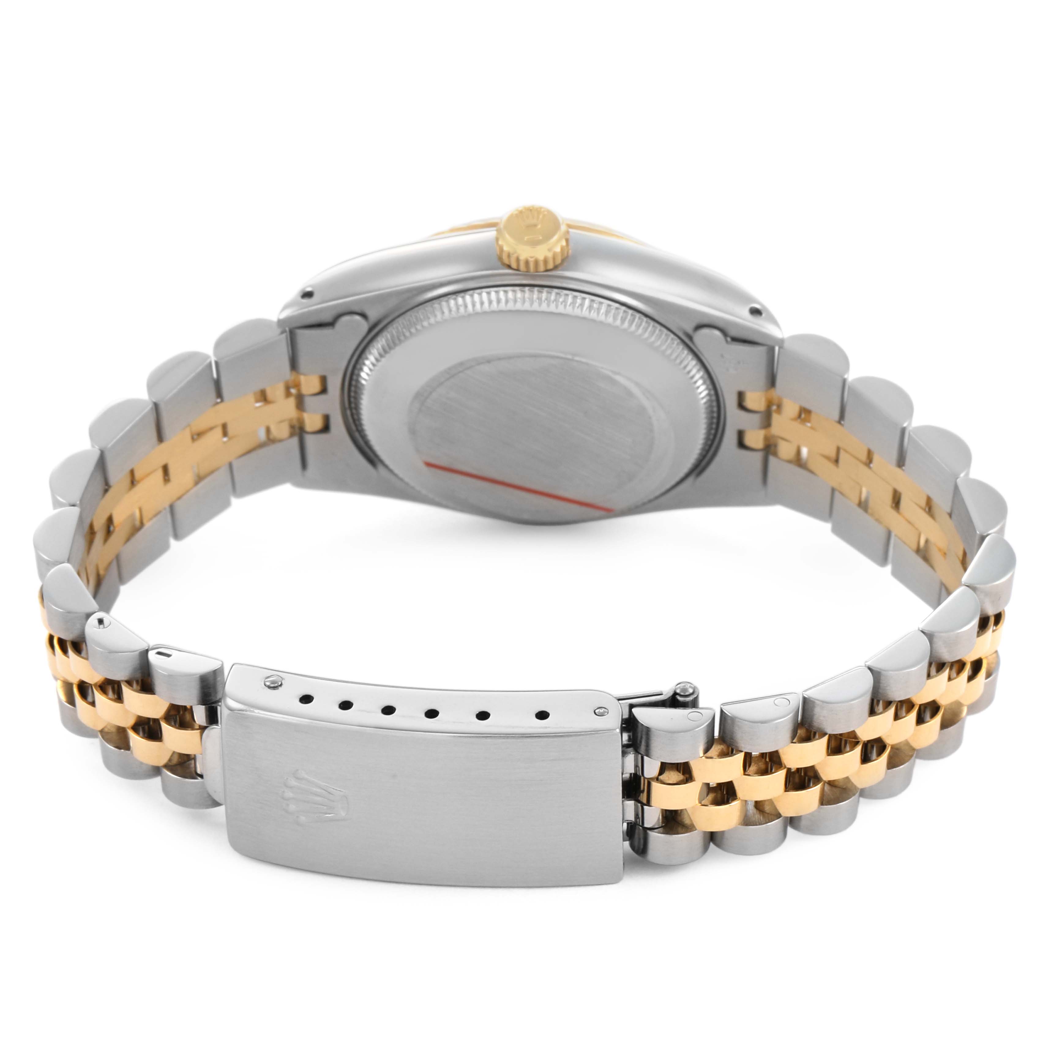 The Rolex Mid-Size 68273 Women's Steel and Gold (two tone) White Dial watch is shown from the back, featuring the case back, crown, and two-tone bracelet with clasp.