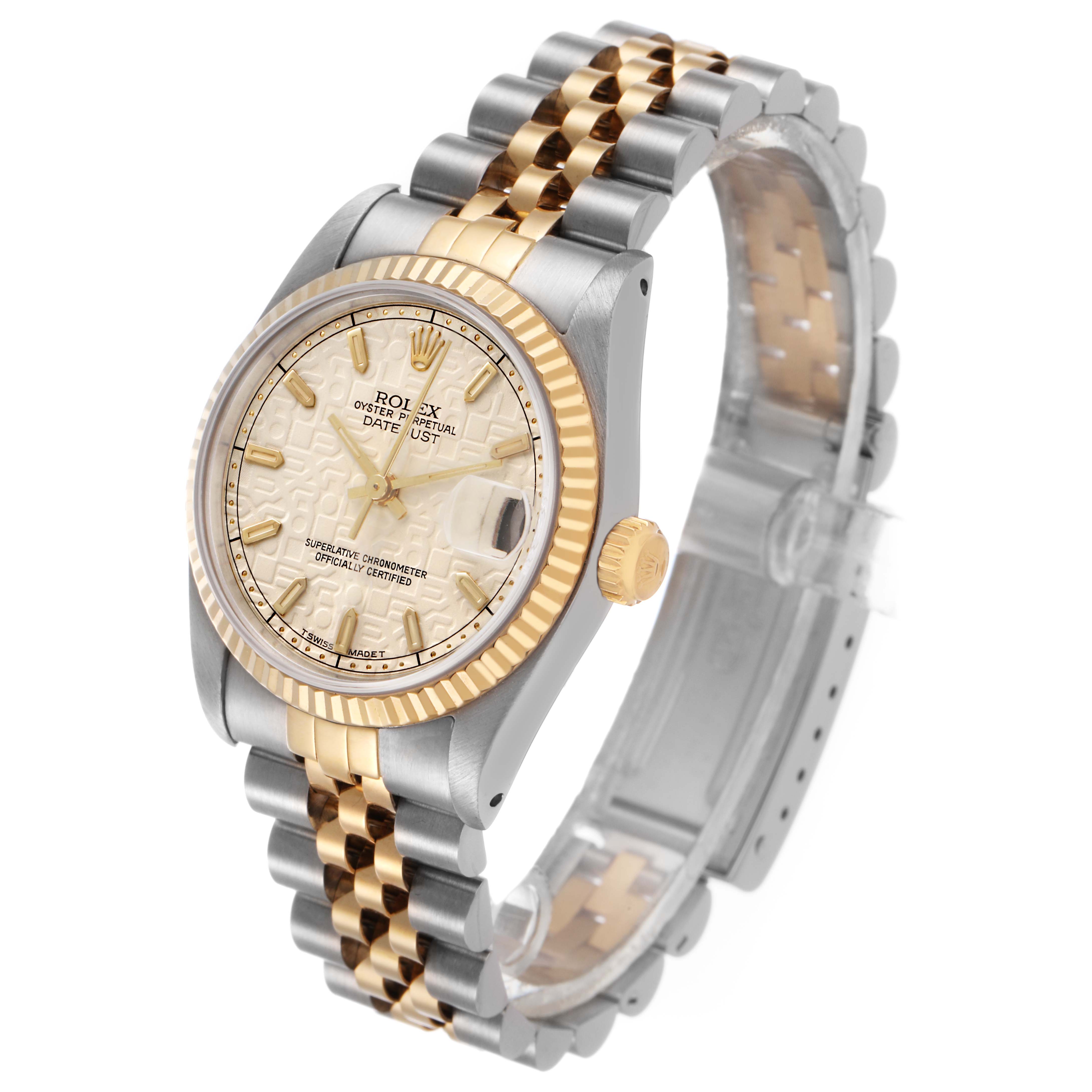 The Rolex Mid-Size 68273 Women's Steel and Gold (two tone) White Dial watch is shown at a three-quarter angle, displaying the face, crown, and two-tone bracelet.