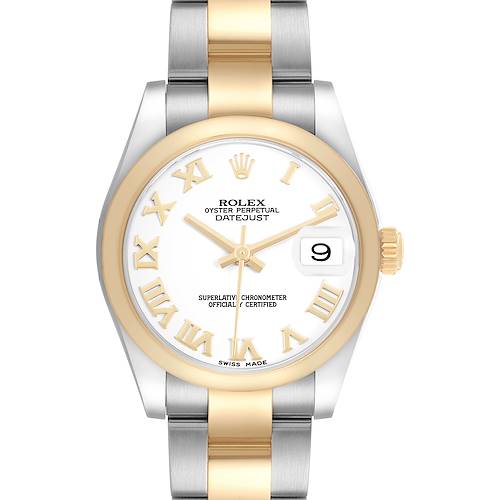 The Rolex Mid-Size 178243 Women's Stainless Steel White Dial watch is shown from the front, highlighting the gold bezel, two-tone bracelet, and date feature.