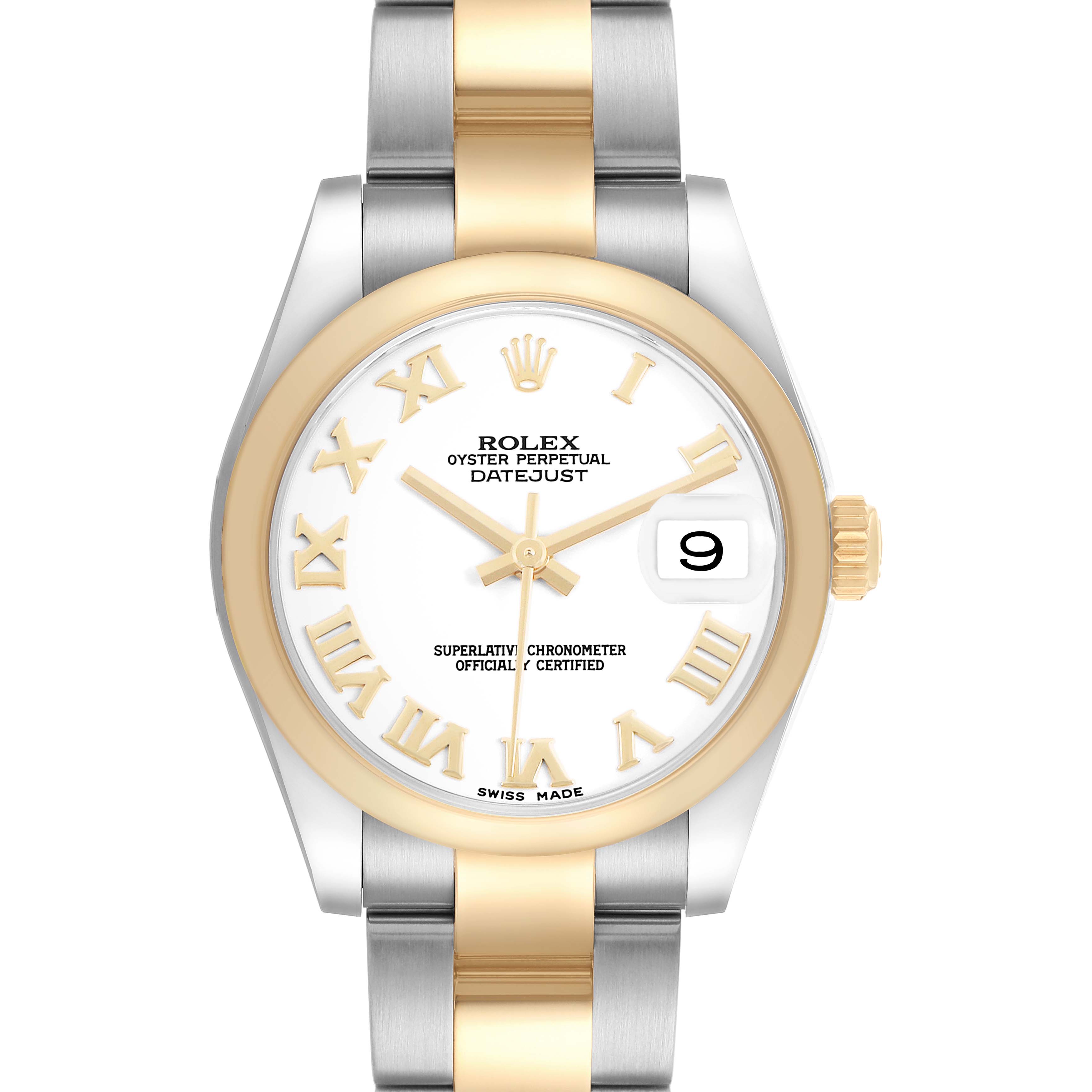 The Rolex Mid-Size 178243 Women's Stainless Steel White Dial Datejust is shown from the front, displaying the dial, bezel, case, bracelet, and crown.