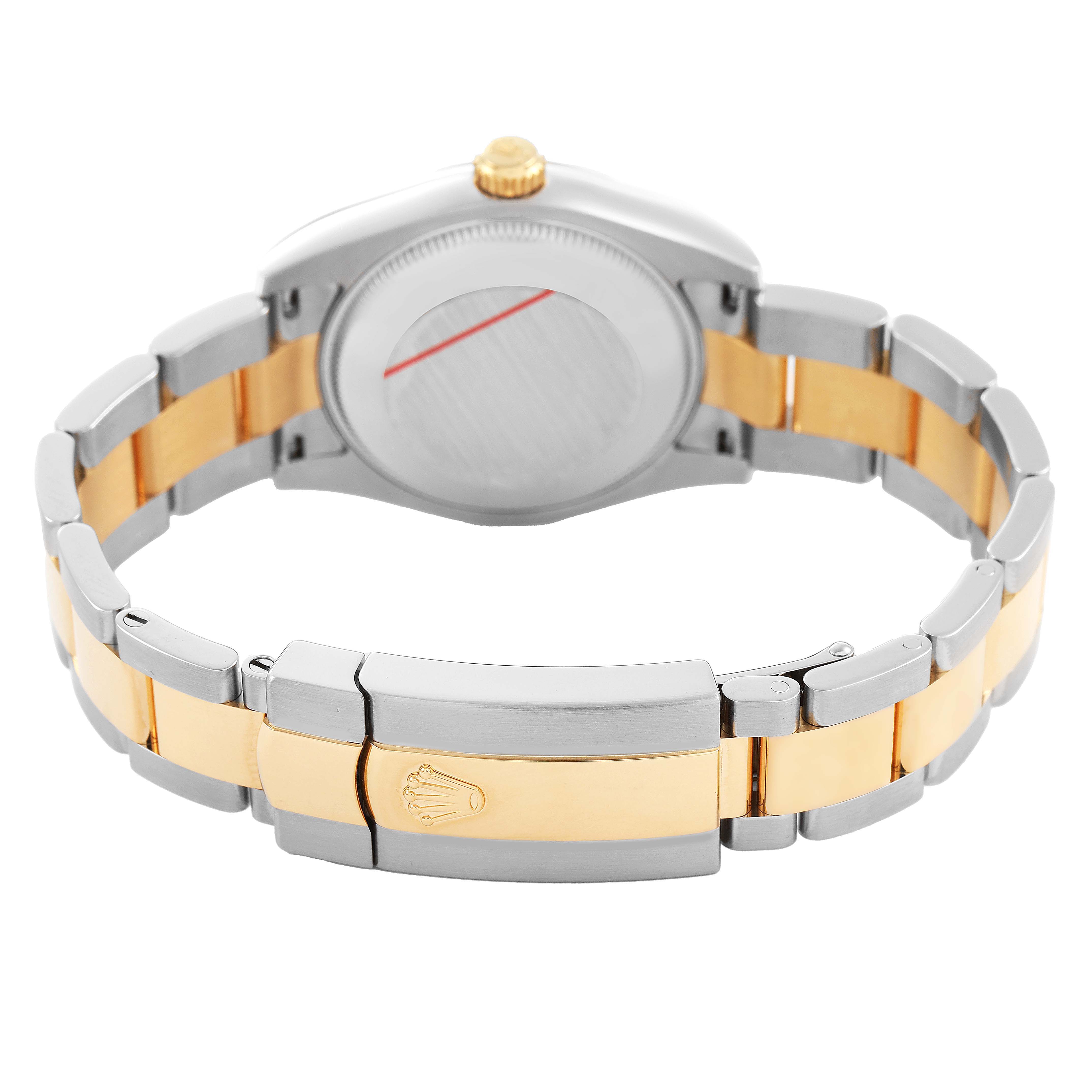 The Rolex Mid-Size 178243 Women's Stainless Steel White Dial model is shown from the back, highlighting the bracelet and clasp with a partial view of the case back.