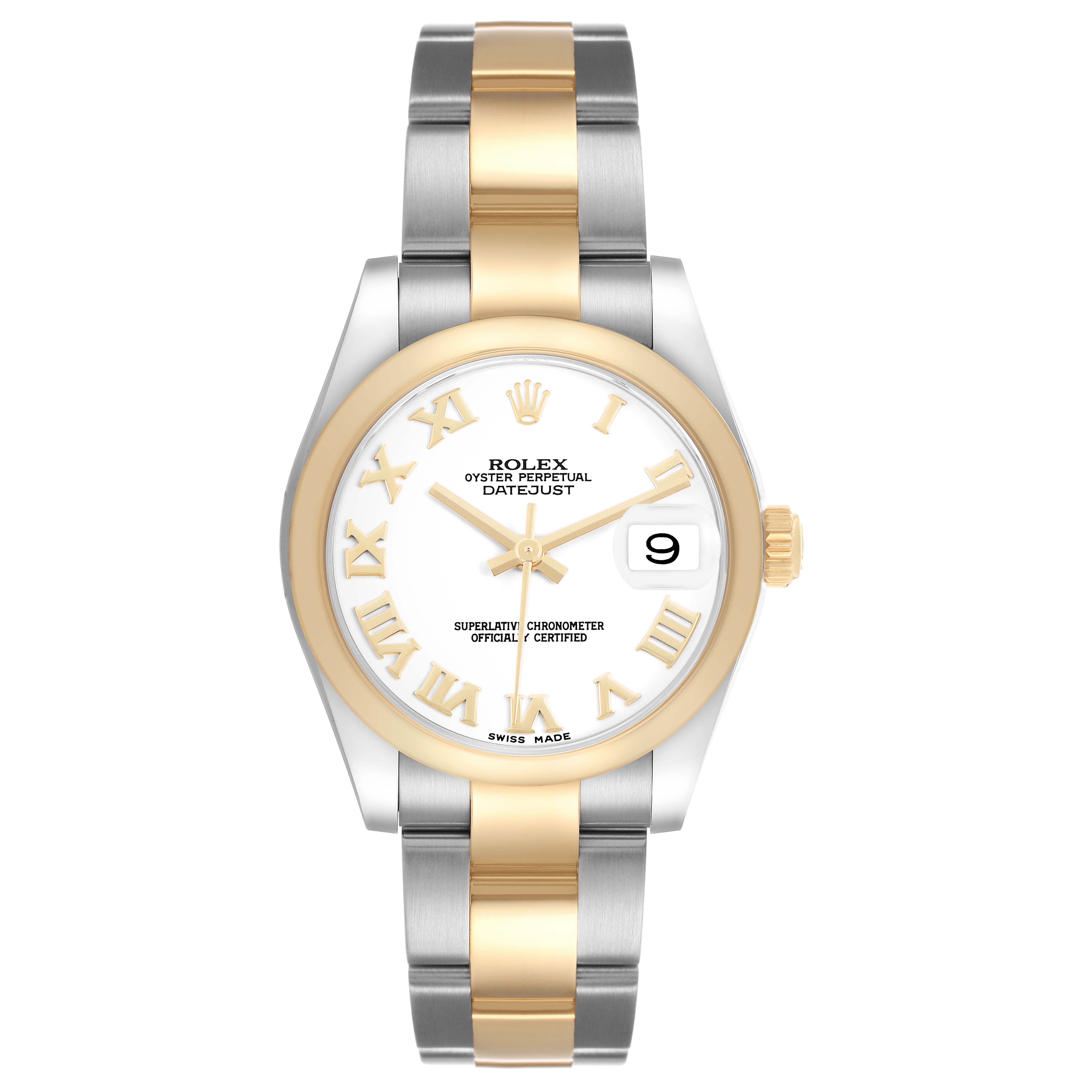 The Rolex Datejust Mid-Size is shown from a top view, displaying the watch face, bezel, and bracelet clearly.