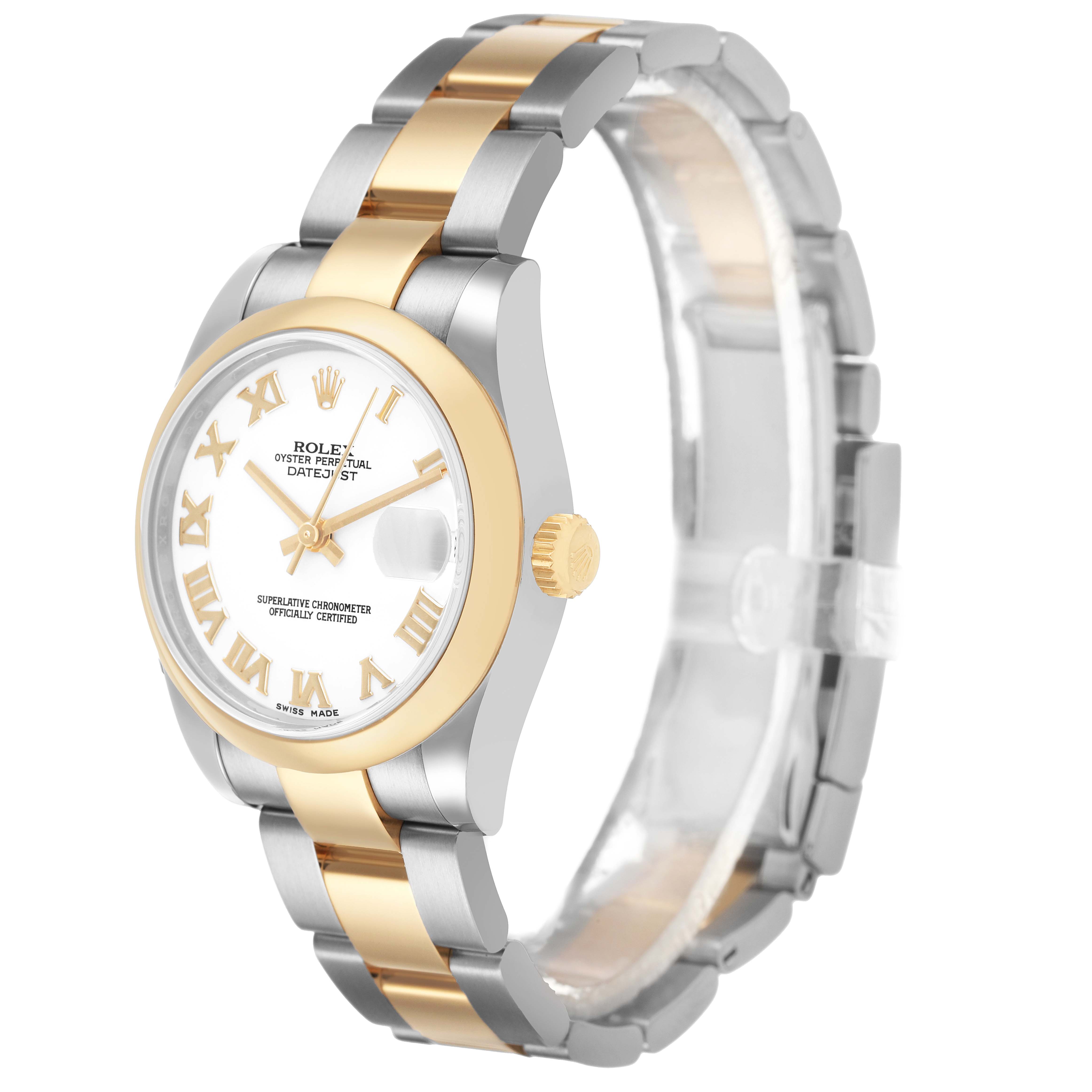The Rolex Mid-Size 178243 Women's Stainless Steel White Dial watch is shown from a three-quarter angle, displaying the dial, bezel, and two-tone bracelet.