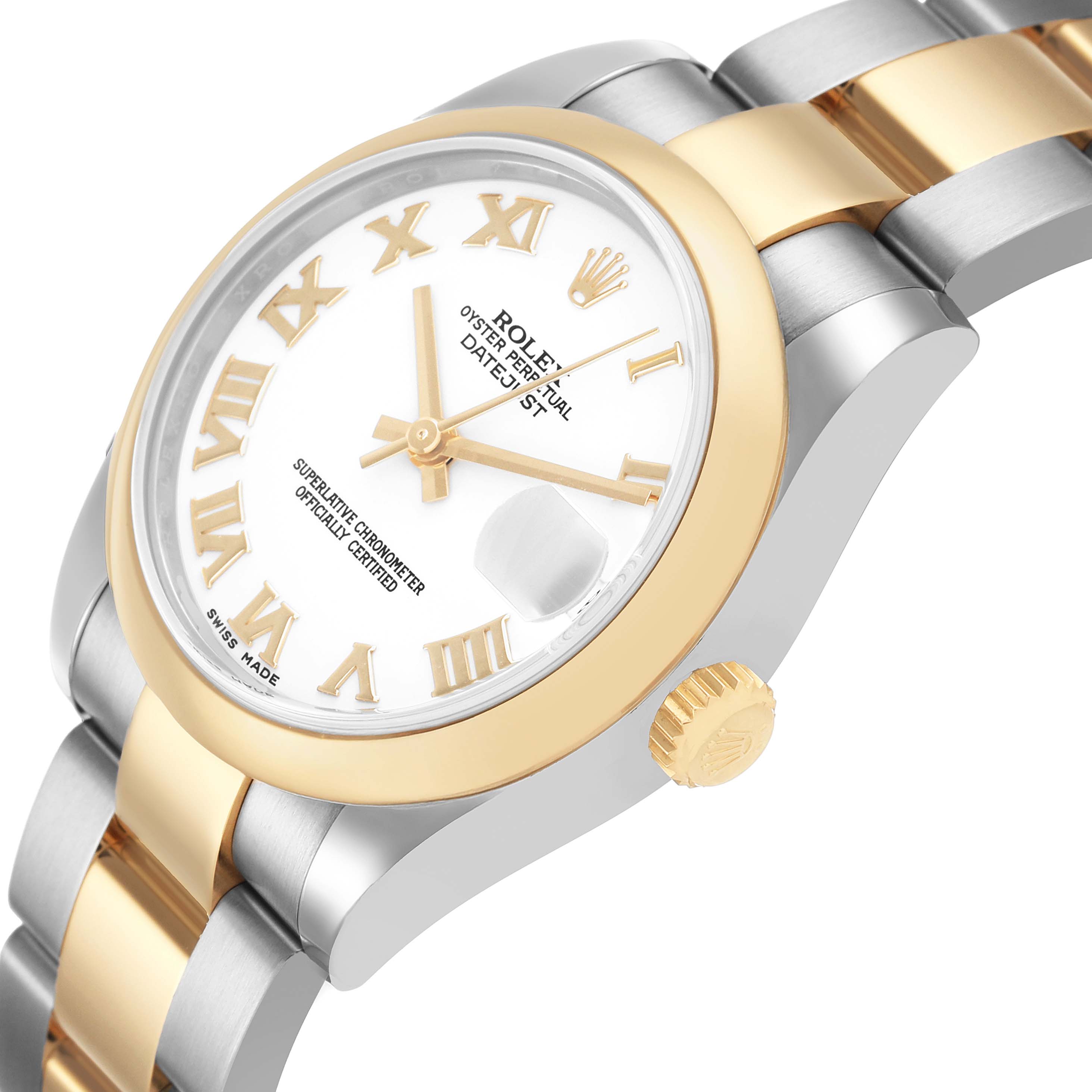 The Rolex Mid-Size 178243 Women's Stainless Steel White Dial watch is shown in a three-quarter view featuring the bezel, crown, Roman numeral dial, and part of the bracelet.