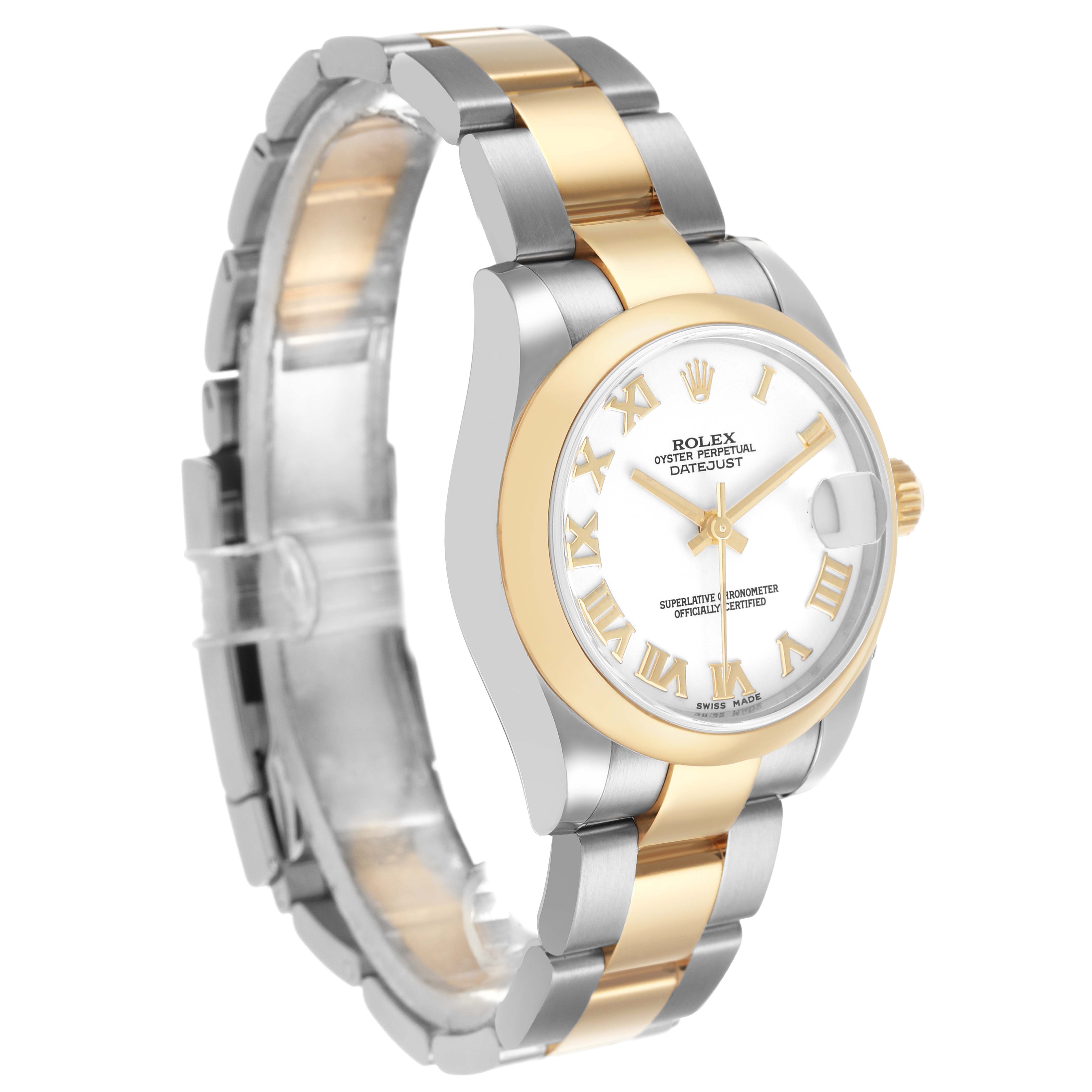 The Rolex Mid-Size 178243 Women's Stainless Steel White Dial watch is shown at a three-quarter angle, highlighting the bezel, dial, bracelet, and clasp.
