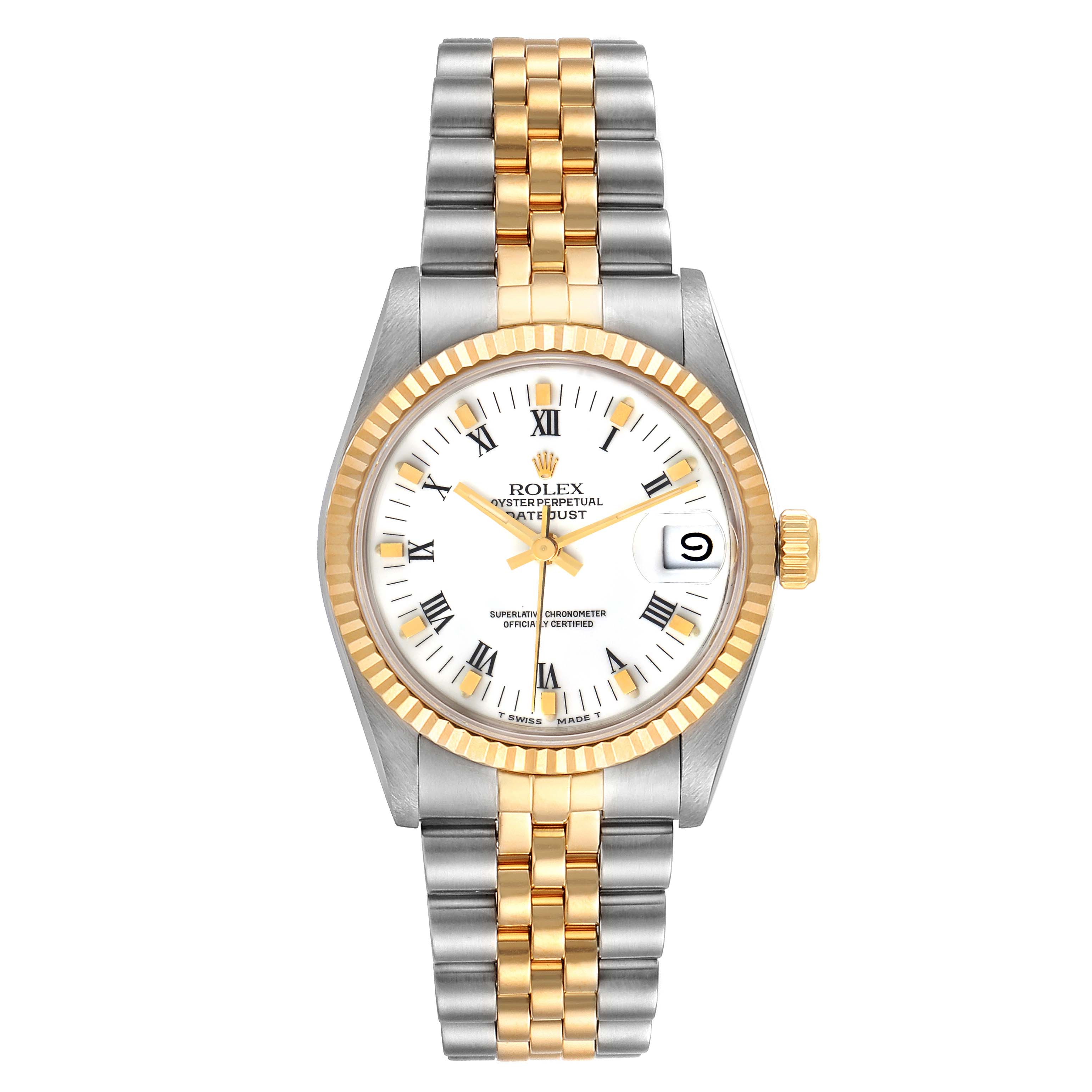 This image shows a front view of a Rolex Mid-Size 68273 Women
s Steel and Gold (two tone) White Dial 68273 Women
s Steel and Gold (two tone) White Dial Oyster Perpetual Datejust, highlighting the dial, bezel, and bracelet.