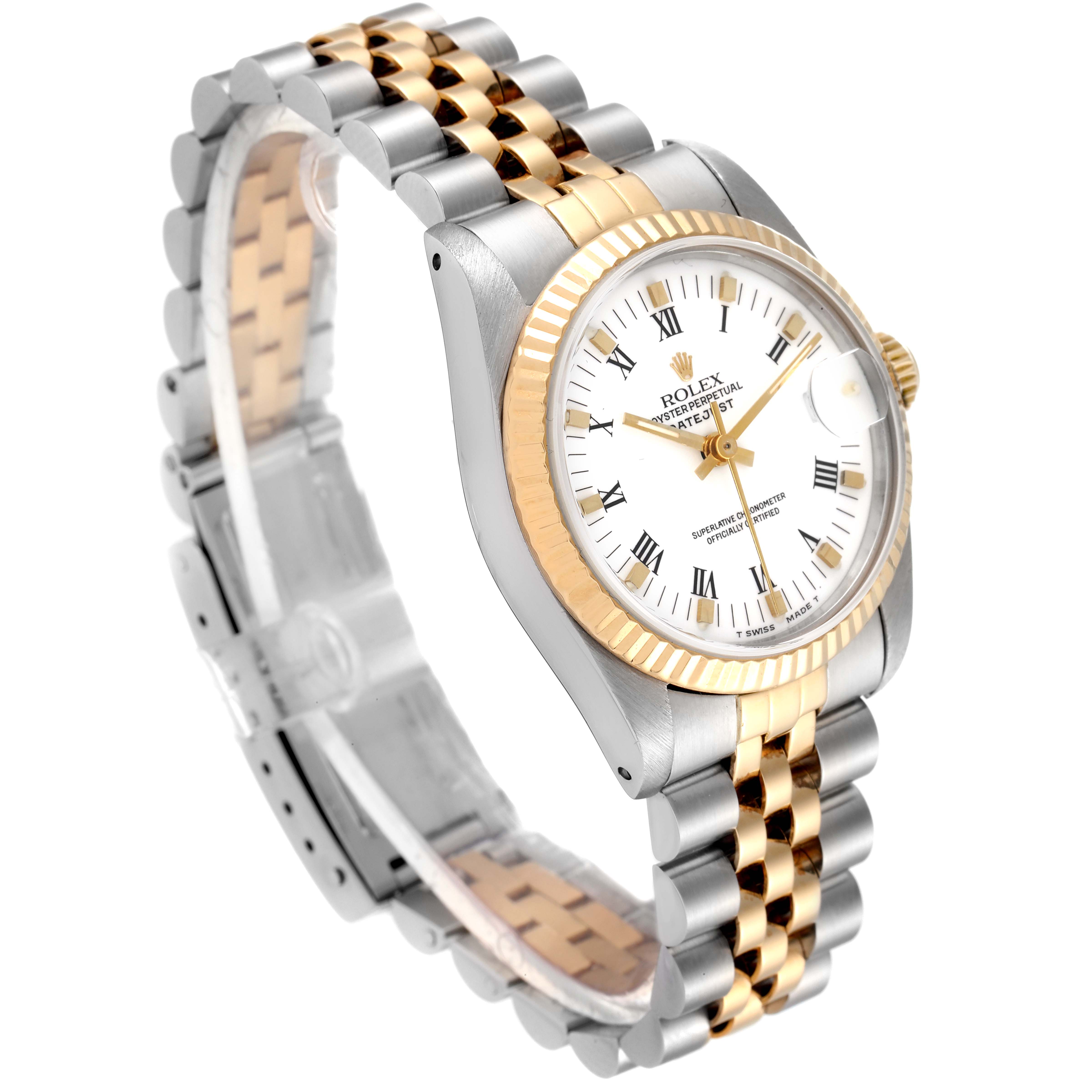 The image shows a Rolex Mid-Size 68273 Women
s Steel and Gold (two tone) White Dial 68273 Women
s Steel and Gold (two tone) White Dial model watch at an angled view, featuring the dial, bezel, and two-tone bracelet.