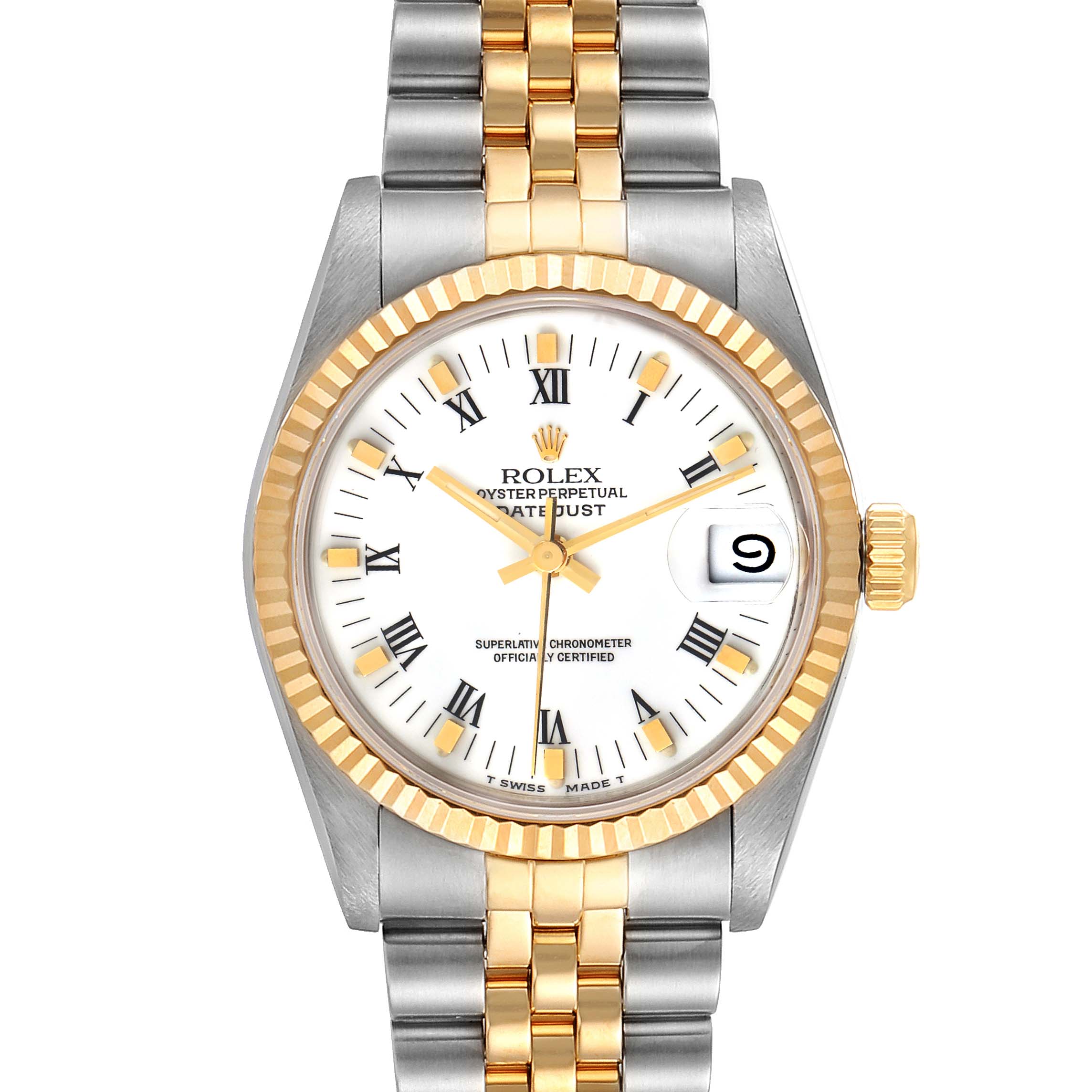 This image shows a front view of a Rolex Mid-Size 68273 Women
s Steel and Gold (two tone) White Dial 68273 Women
s Steel and Gold (two tone) White Dial Datejust watch, highlighting its two-tone jubilee bracelet and fluted bezel.