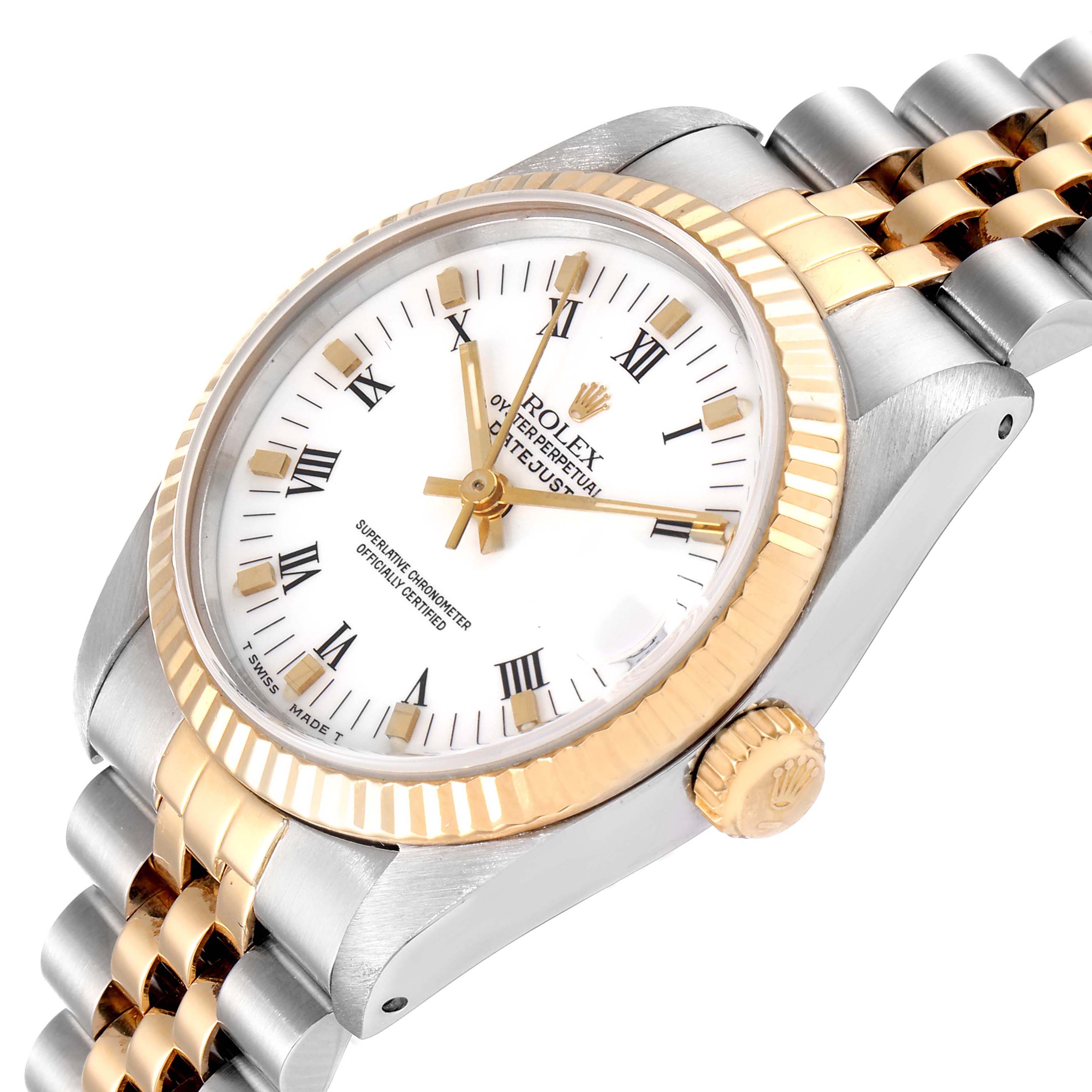 The image shows a side-angle view of a Rolex Mid-Size 68273 Women
s Steel and Gold (two tone) White Dial 68273 Women
s Steel and Gold (two tone) White Dial watch, highlighting the bezel, crown, dial, and part of the bracelet.
