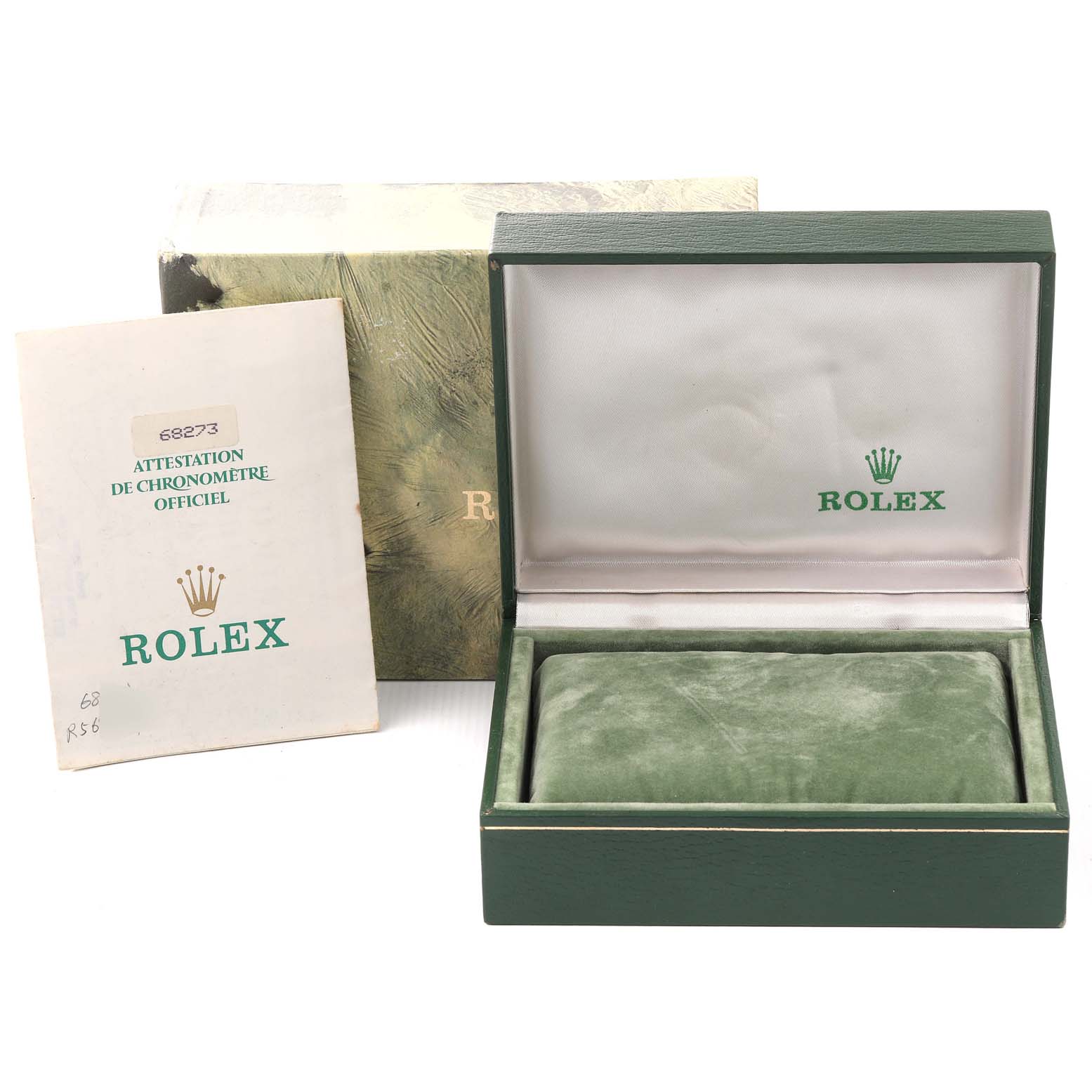 The image shows a Rolex Mid-Size 68273 Women
s Steel and Gold (two tone) White Dial 68273 Women
s Steel and Gold (two tone) White Dial model watch
s green box, an outer cardboard box, and an official certification booklet.