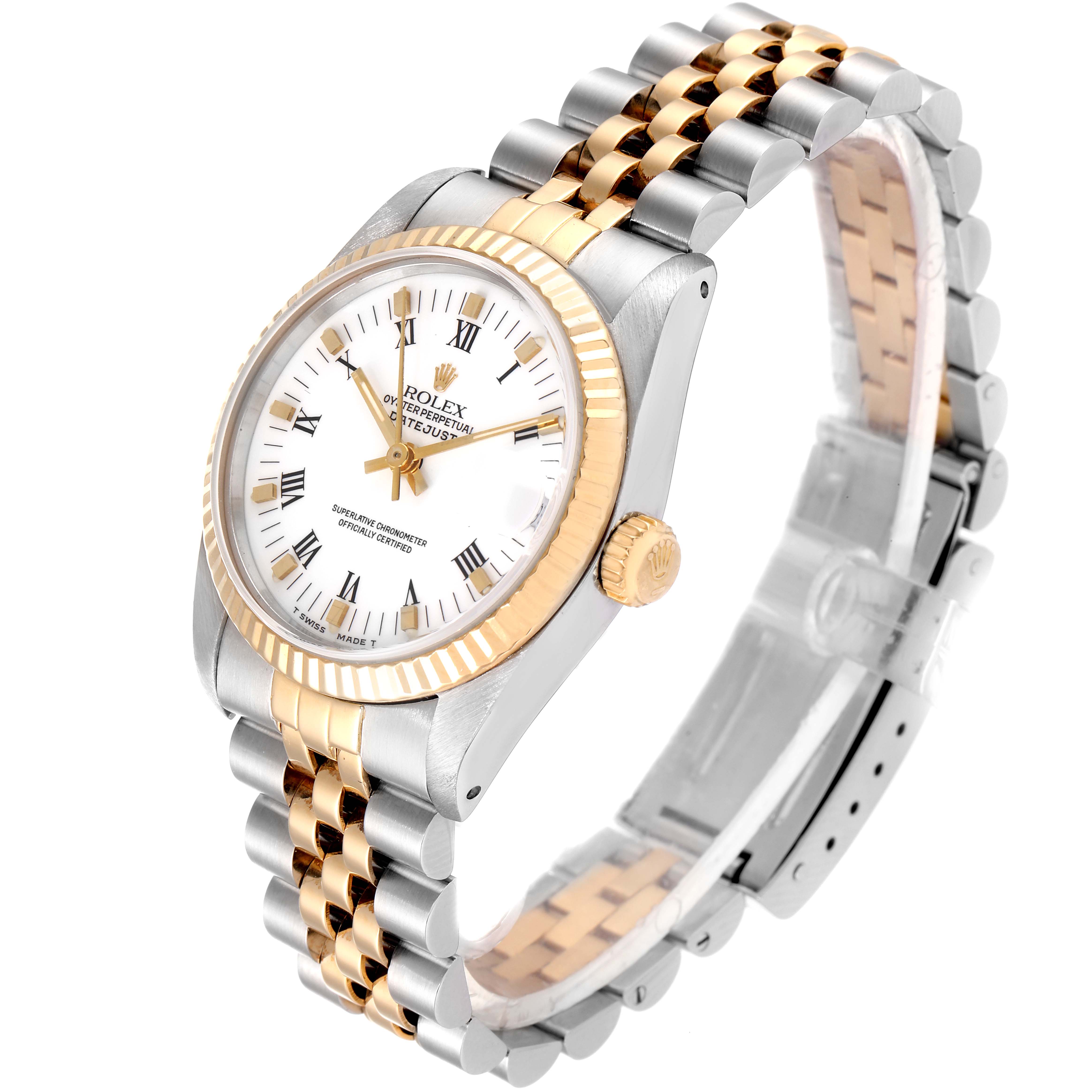 The image shows a side and top angle of a Rolex Mid-Size 68273 Women
s Steel and Gold (two tone) White Dial 68273 Women
s Steel and Gold (two tone) White Dial watch, highlighting its two-tone band, fluted bezel, and face with Roman numerals.