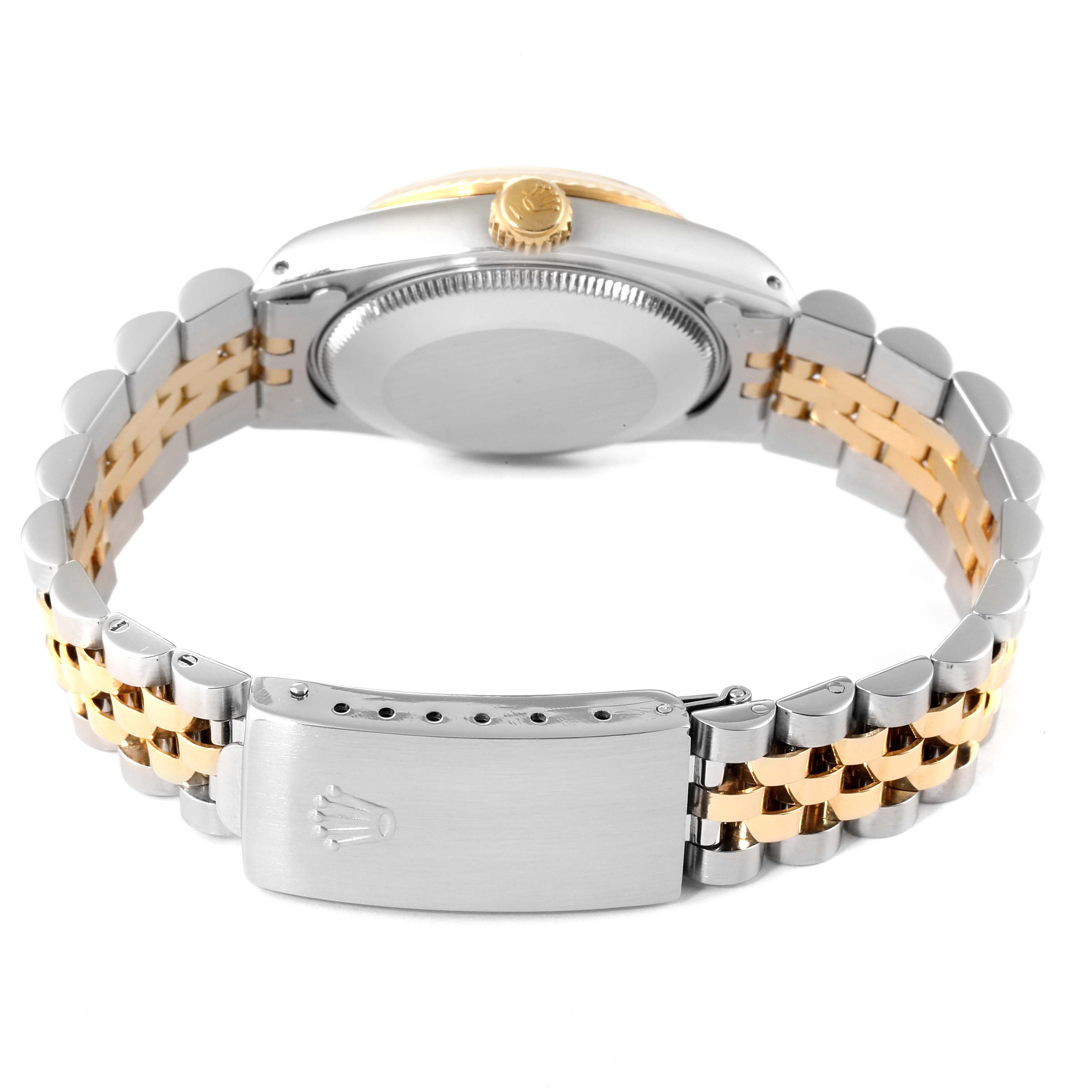 The image shows the back view of a Rolex Mid-Size 68273 Women
s Steel and Gold (two tone) White Dial 68273 Women
s Steel and Gold (two tone) White Dial watch, highlighting its clasp, bracelet, and crown.